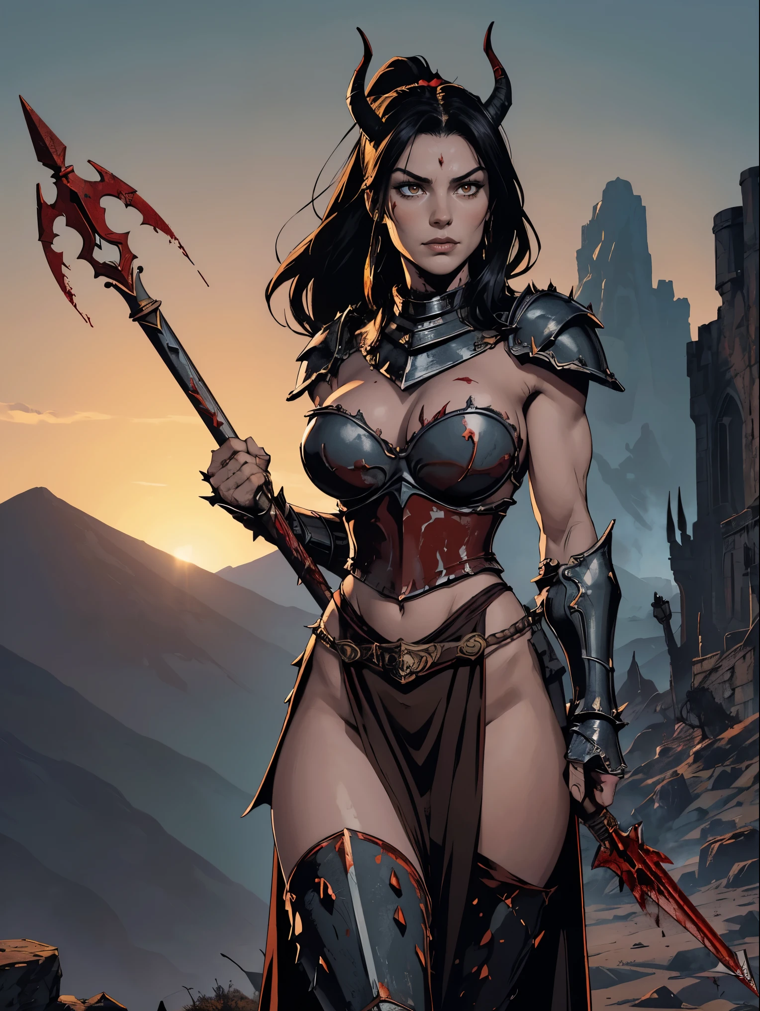 (masterpiece, top quality, best quality, official art, beautiful and aesthetic:1.2), (1girl:1.3), ((Sharp facial features, sharp features, hawkish features)), ((pale skin, orange eyes, big hair, long black hair, ponytail)), big tiddy chaos warrior girl, extremely detailed, portrait, looking at viewer, solo, (full body:0.6), detailed background, full-body shot, (hot desert mountain theme:1.1), chaos warrior, (spiky helmet), charlatan, smirk, mysterious, swaying in mountains, armor, red metal, brass trim, long boots, blood red fabric, pelvic curtain, loincloth, black leather, ((((demon horns, spear, heavy armor, blood, blood splatter, armored, gigantic breasts, long legs, pelvic curtain, toned, muscular)))), cute belly button, toned tummy, slim waist, slim hips, long legs, medieval (mountain exterior:1.1) background, dark mysterious lighting, shadows, magical atmosphere, dutch angle