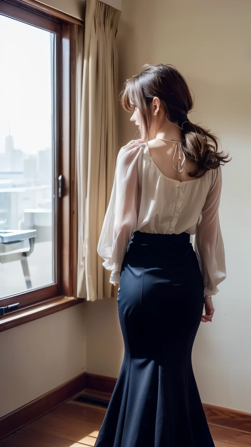 (Woman standing in office:1.3、The background is the office)(Realistic、Like a photograph、Live Action、8k, Photorealistic, RAW Photos, Best image quality: 1.4), Single-lens reflex camera、RAW Photos, highest quality, Realistic, Highly detailed CG Unity 8k wallpaper, Written boundary depth, Cinematic Light, Lens flare, Ray Tracing, Realistic background