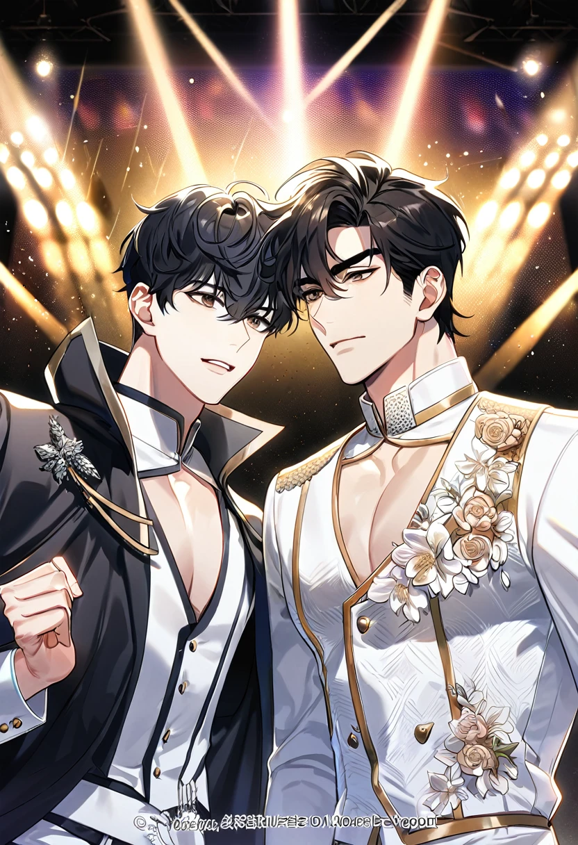 (absurdres, highres, ultra detailed, HDR) master piece, best quality, perfect face, delicated features, black hair, Yoo Joonghyuk x Kim Dokja, short hair, straight black hair, with bangs, expressive brown eyes, Omniscient reader's viewpoint, two men together, handsome, gay couple, yaoi, toned chest, white idol clothes with accessories, idol, patterns, cape, stage, lights, shining, flowers, joongdok