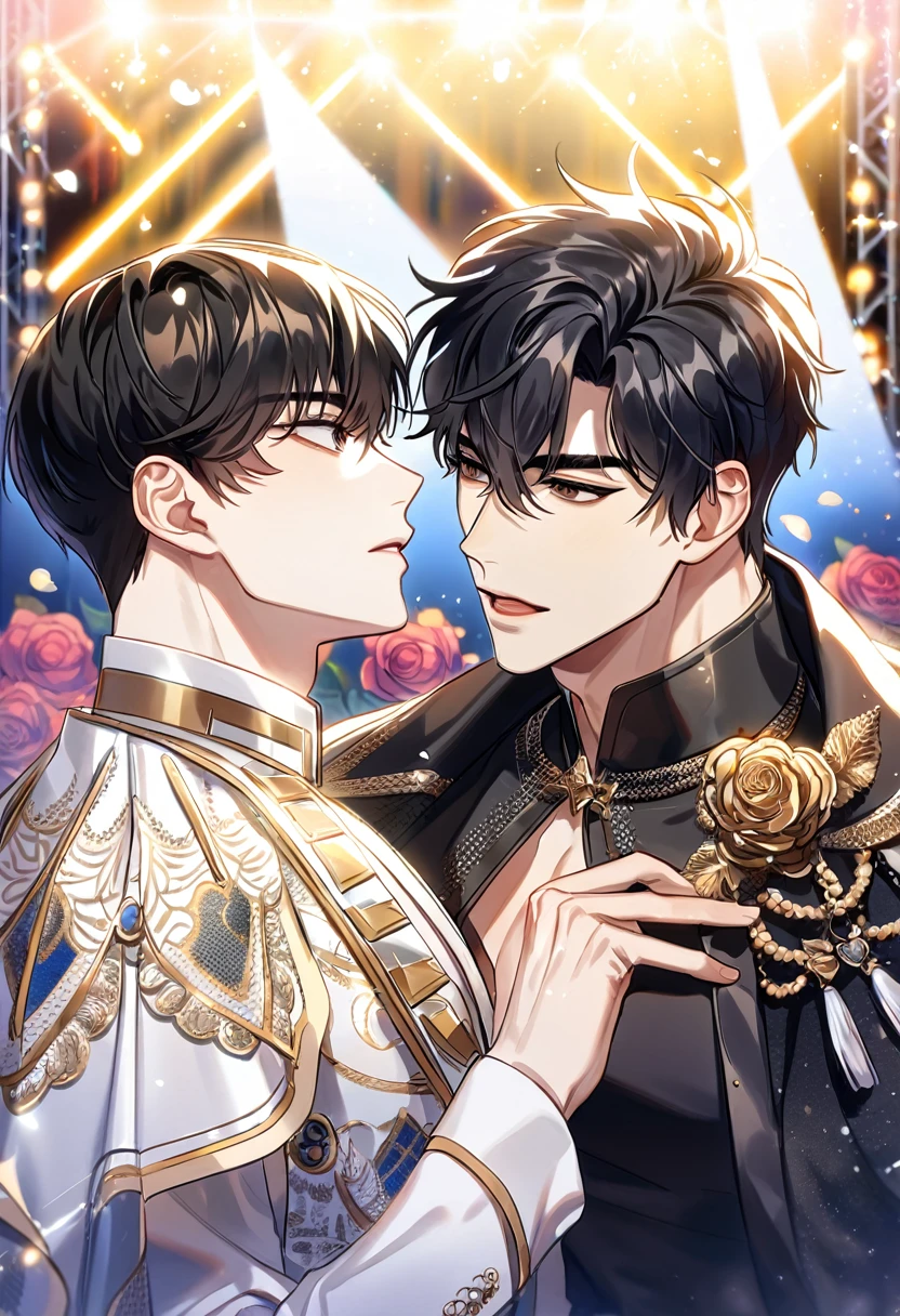 (absurdres, highres, ultra detailed, HDR) master piece, best quality, perfect face, delicated features, black hair, Yoo Joonghyuk x Kim Dokja, short hair, straight black hair, with bangs, expressive brown eyes, Omniscient reader's viewpoint, two men together, handsome, gay couple, yaoi, toned chest, white idol clothes with accessories, idol, patterns, cape, stage, lights, shining, flowers, joongdok