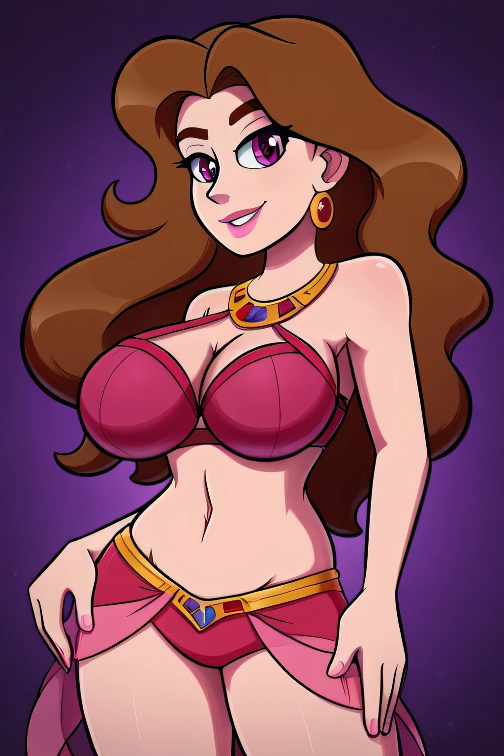 A tall sexy sensual woman big breast long wavy brown hair her purple eye pink lip she wears pink bra belly dancers and her light pink skirt wearing red arabic boot