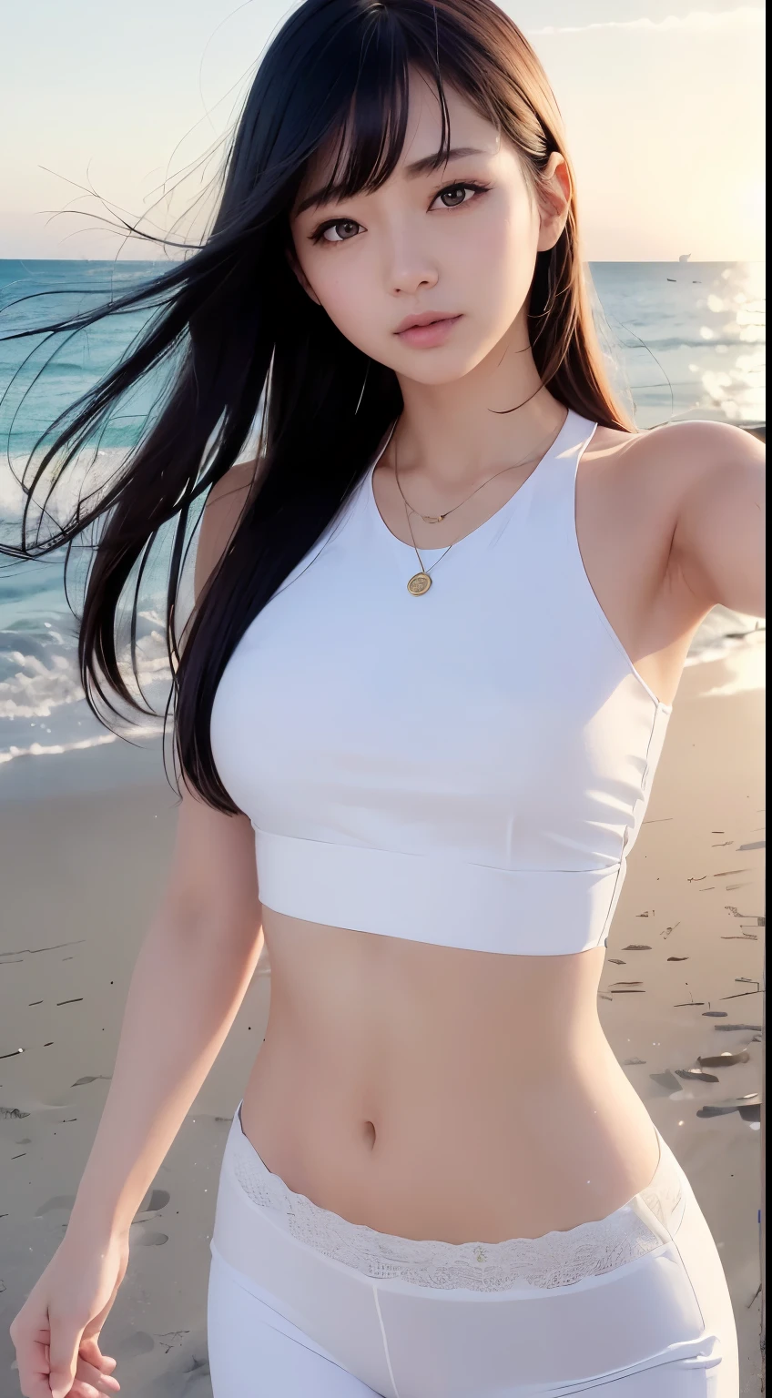 (logo、masterpiece、8k、Tabletop、RAW Photos、wonderful、最high quality、Photorealistic and Very detailed CG integrated 8k wallpaper、high quality、Very detailed、Narrative poem、Particle Effects、Dynamic Effects、Written boundary depth、Cinematic Light、Lens flare、Ray Tracing)、Fantasy、 (One beautiful woman、White pants、White T-shirt、White tube top、White crop top、Black-haired、Beautiful Face、True Face、Beautiful details、eye、Beautiful Skin、Ultimate Body、glamorous)、私の髪はWindに舞う、Hair flutters in Wind、Hair bounces、Seaside、wonderful景色、Coastal、sunrise、Sun in the background、Wind、Beach