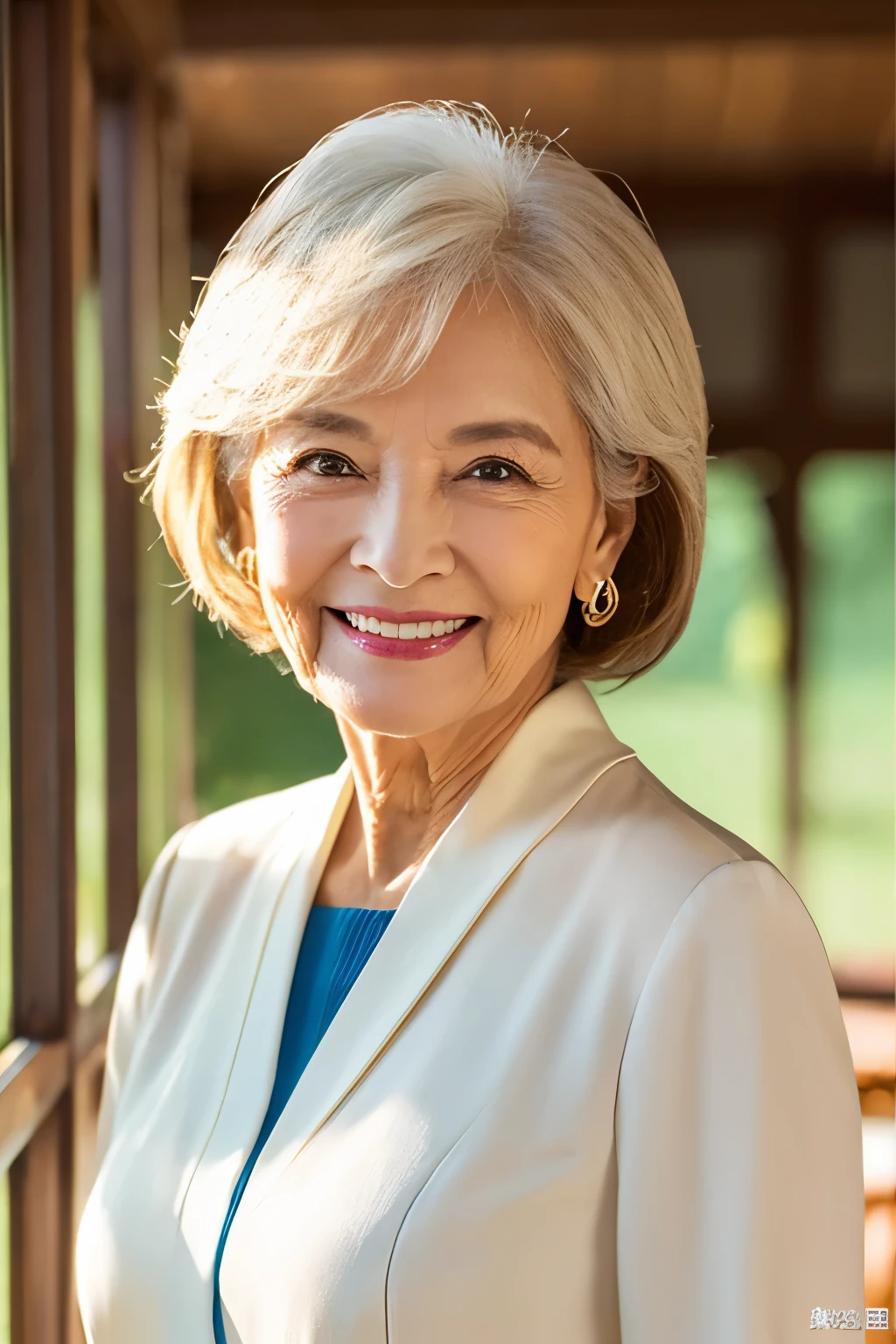 ６7 years old、smile、beautiful、high class clothes, classy、Shining eyes、stare、
