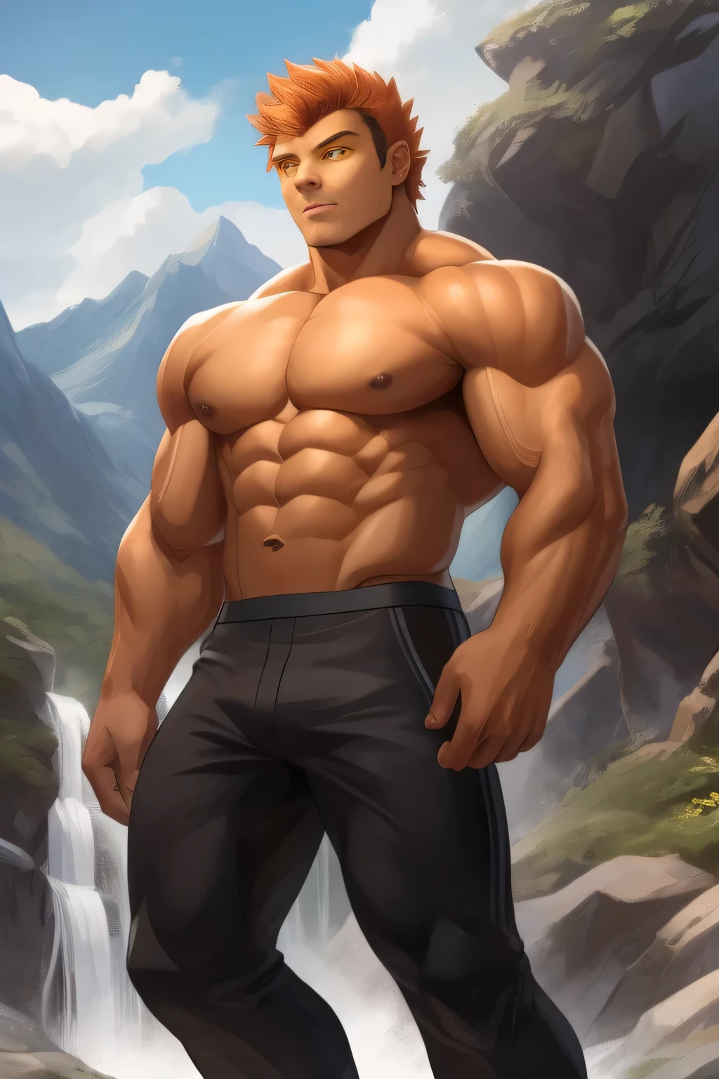 A very attractive young man with very short dark orange hair combed severely back, (hairy) although 4 small strands of hair just a couple of centimeters long fall on his forehead, his skin is tanned in a copper tone and amber eyes (((YELLOW WYES))) ((dark orange eyebrows)). He is  and is only wearing black cloth pants. He is very muscular with broad shoulders, prominent pectorals and very marked abs, training in the mountains with a waterfall behind him. (((Handsome))).