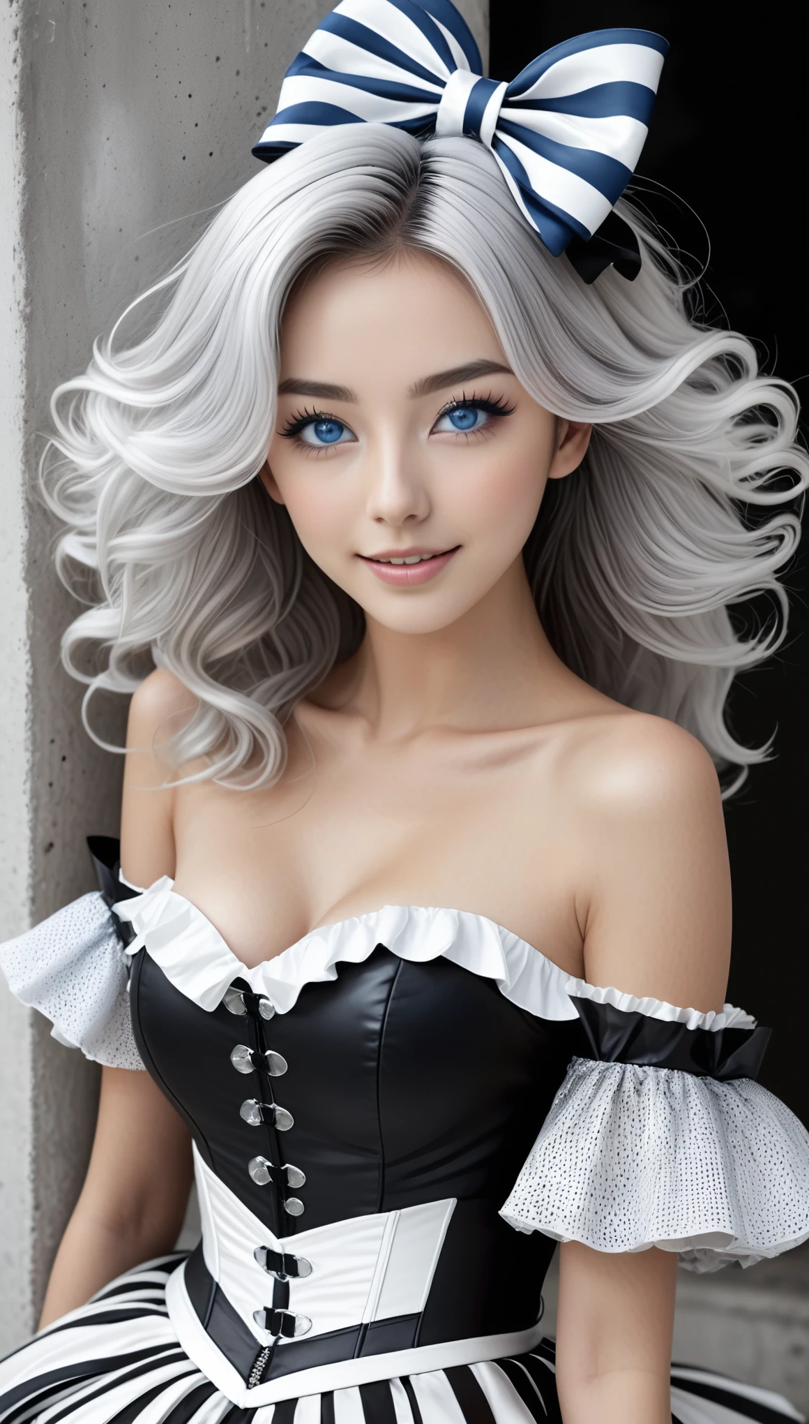 (masterpiece, Best Quality, hyper Detailed, hyper Realistic luna girl:1.3), BREAK beautiful Pretty Japanese ig model, glamorous body, Happy, render of april, (all body shot, active pose:1.2), BREAK (Detailed wear, all body wear:1.2), Monochrome Pierrot Costume,
Opt for a fitted corset bodice with black and white diamond patterns, accentuating the waist, Layer with a ruffled, off-the-shoulder blouse in contrasting black and white hues, adorned with oversized bows for a whimsical touch,
BREAK
Pair with high-waisted black pants, featuring exaggerated ruffles or pleats for added volume and drama,
Accessorize with black and white striped stockings or tights, and patent leather ankle boots with oversized buckles for a modern twist on classic clown footwear, arranged gray hair, BREAK (Detailed medium breasts, Detailed bodyline, Detailed legs and calves), (very slim waist, firm large breasts, large buttocks, beautiful sexy legs:1.3), White and beautiful Silky skin, thin and short neck, (small head, small face), BREAK small head, Detailed face, cute and Pretty (slim oval shape face:1.3), wide Duck mouth, half open mouth, perfectly aligned teet, perfect beautiful Tooth, blue eyes, half open eyes, shiny Droopy eyes, gray hair, looking other, (in a concrete, fog, mist, steem),