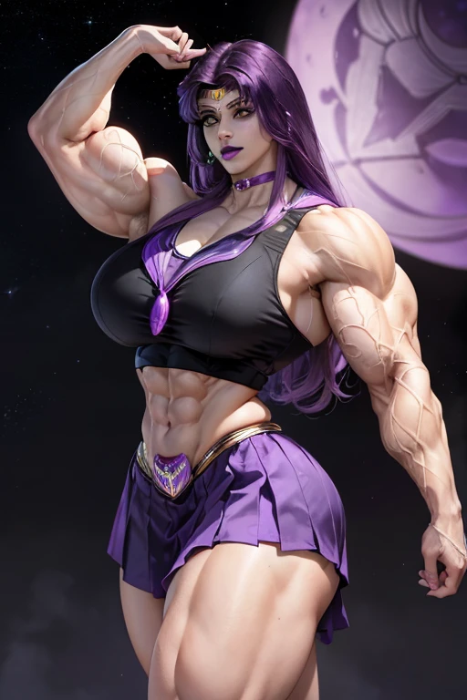 ((((Massive, tall, beautiful, buff, pale skinned muscular woman with violet purple hair, black lipstick, ginormous bulky muscles and wearing a violet purple mechanized sailor moon costume and skirt)))), close view, massive muscles, massive biceps, hyper muscle triceps, pale skin, (long hair with long bangs), black eyes, violet tiara, sailor moon boots, thunder, in space, black hole, night time, smirk, hyper muscles arms, hyper muscle legs, ((massive arms)).