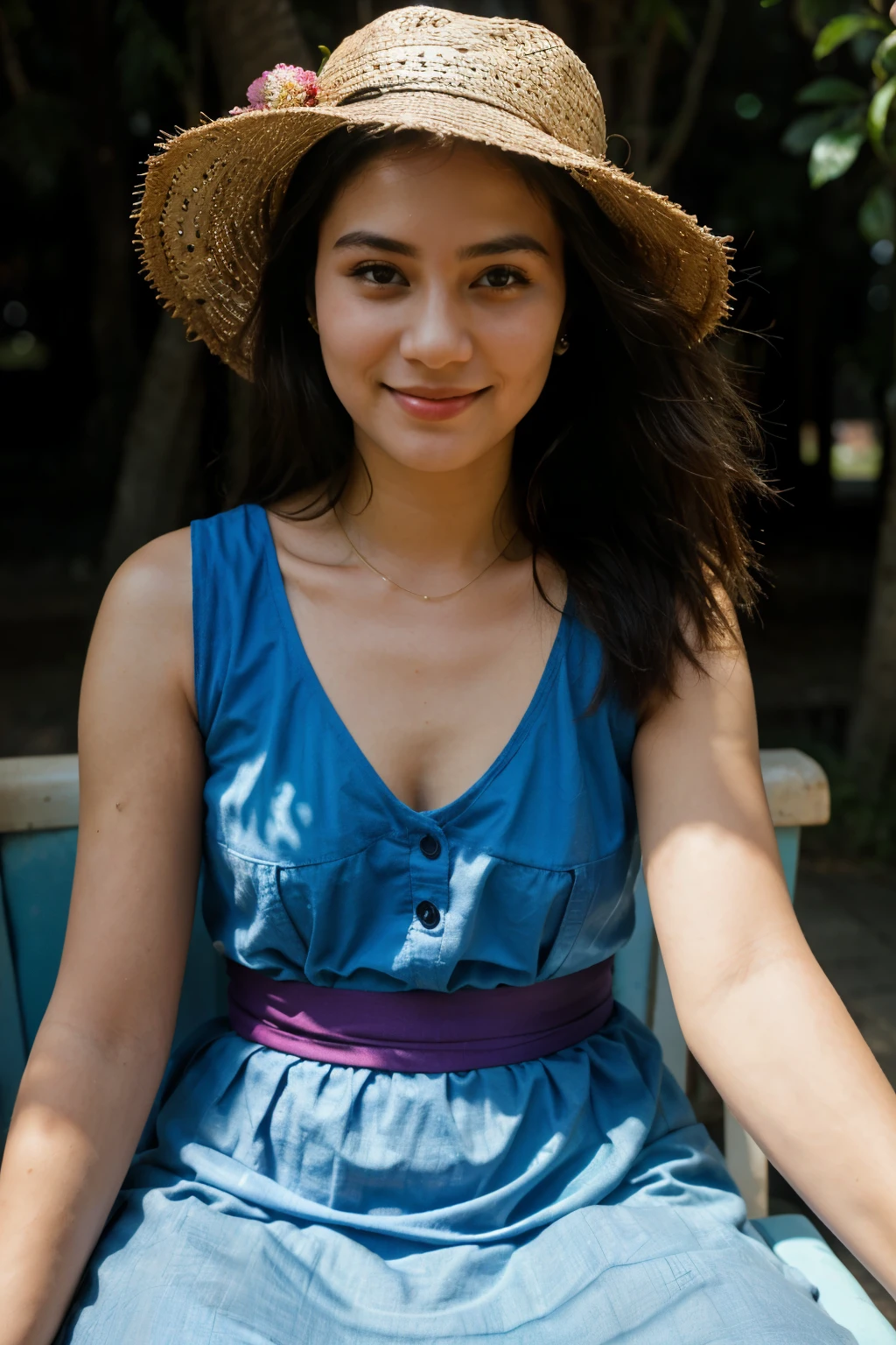 RAW photo, (Medium Shot) of a 26 year old beautiful woman. oh woman, cute face, in a Thailand TukTuk, wearing a blue dress, happy face, hard shadows, cinematic shot, dramatic lighting