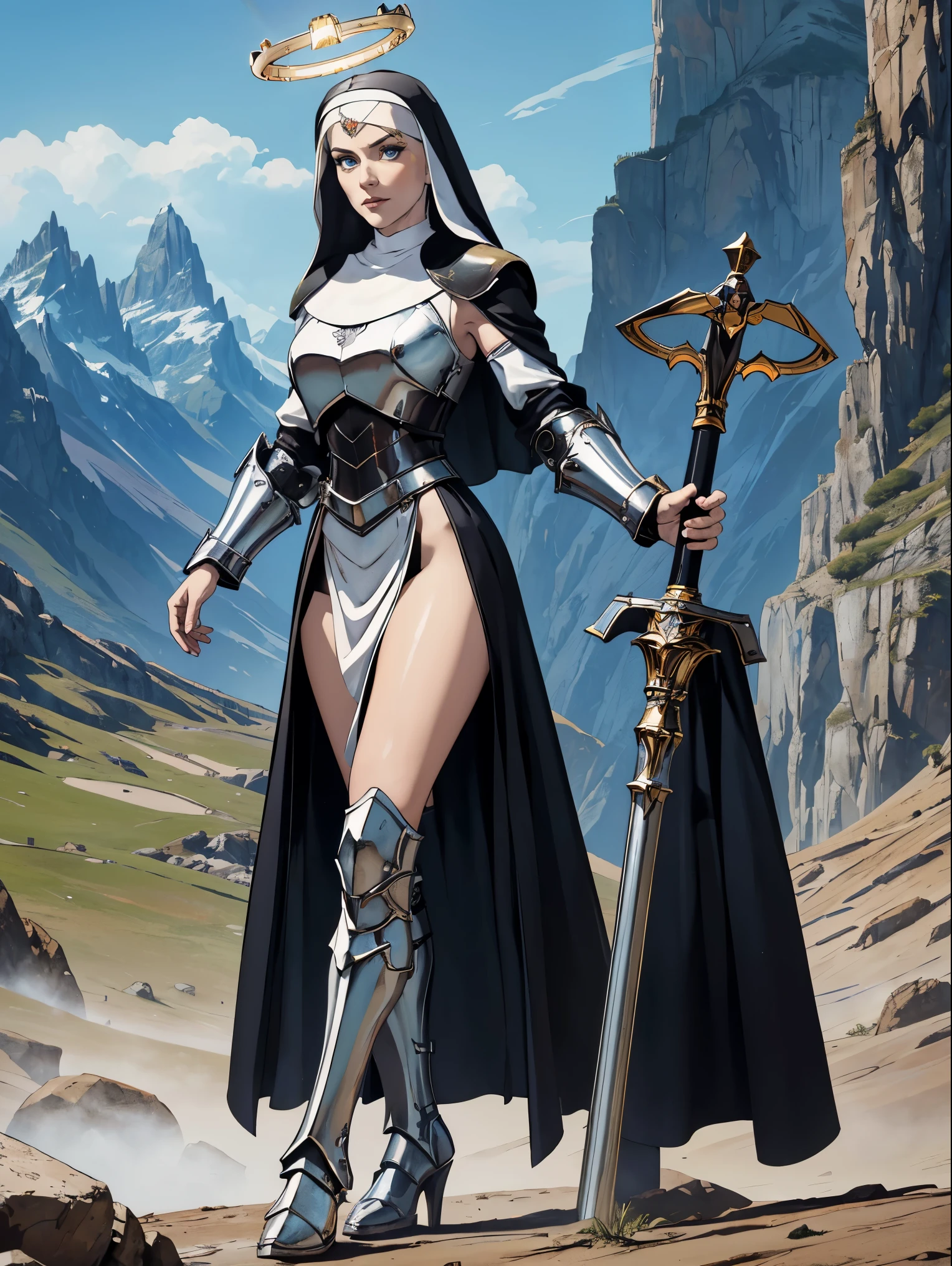 (masterpiece, top quality, best quality, official art, beautiful and aesthetic:1.2), (1girl:1.3), ((Sharp facial features, sharp features, hawkish features)), ((pale skin, blue eyes)), busty paladin knight girl, extremely detailed, portrait, looking at viewer, solo, (full body:0.6), detailed background, full-body shot, (warm mountain meadow theme:1.1), holy knight, (nun), charlatan, smirk, mysterious, swaying in mountains, armor, polished metal, gold trim, long boots, white fabric, pelvic curtain, robe, pale leather, ((((nun, halo, mace, heavy armor, armored, long legs, pelvic curtain, toned, muscular)))), slim waist, slim hips, long legs, medieval (mountain exterior:1.1) background, dark mysterious lighting, shadows, magical atmosphere, dutch angle