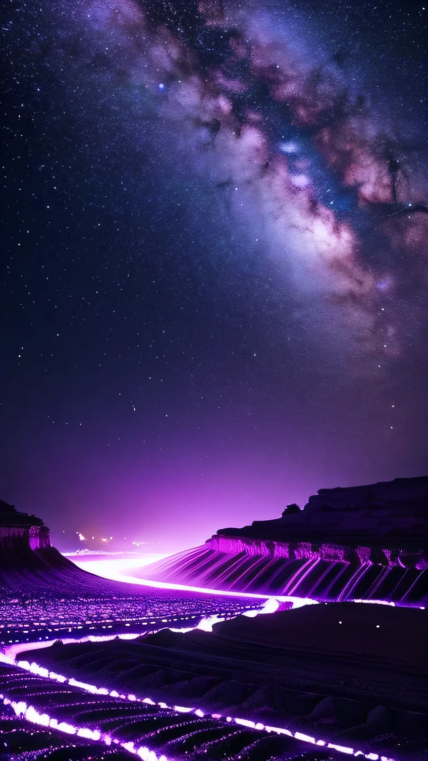 Purple moon over a starry stream, Shining Purple, Purple glow, Purple Water, Nebula Falls, Purple Magic, Galaxy Falls, universe purple space!, purples, soft Purple glow, Purple bioluminescence, Purple aura, The walls are pulsating purple, Purple light, Purple glow, moody Purple glow light, purple, Glowing Water, Purple lights