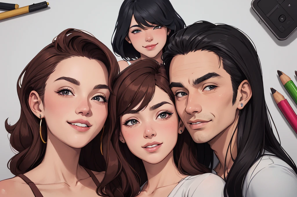 um close up de um desenho animado de um grupo de pessoas, family portrait, by Cesar Andrade Faini, por Olivia De Berardini, caricatura, em estilo cartoon, retrato de alta qualidade, by Camilo Egas, por Samuel Silva, retrato nft, por Rosa Henriques, in digital illustration style, retrato colorido, by Felipe Seade