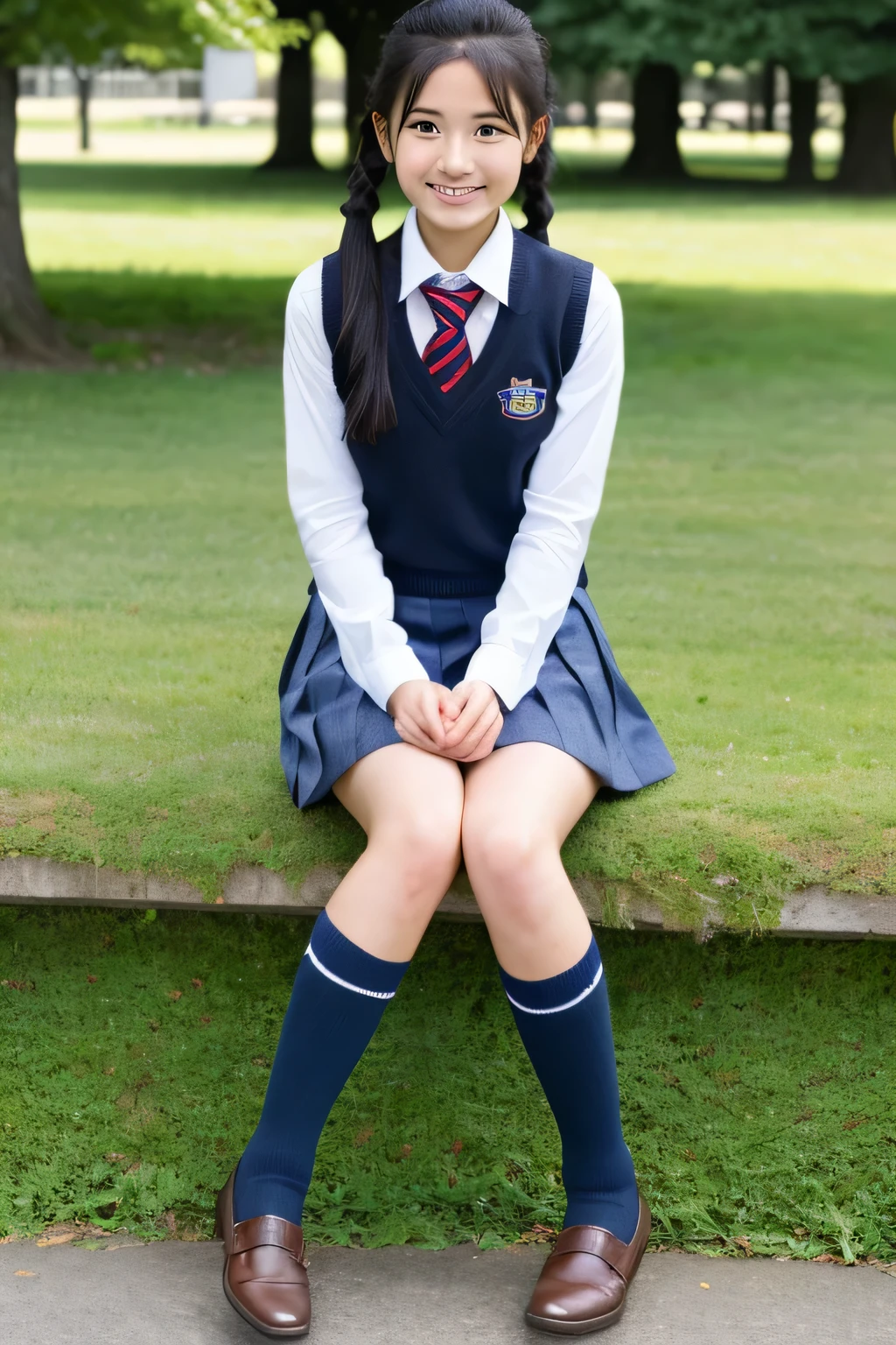 ((masterpiece)), japanese, (a girl), (18 years old), (((school uniform))), smiling, a park, dark blue knit vest, thighs, ponytail,