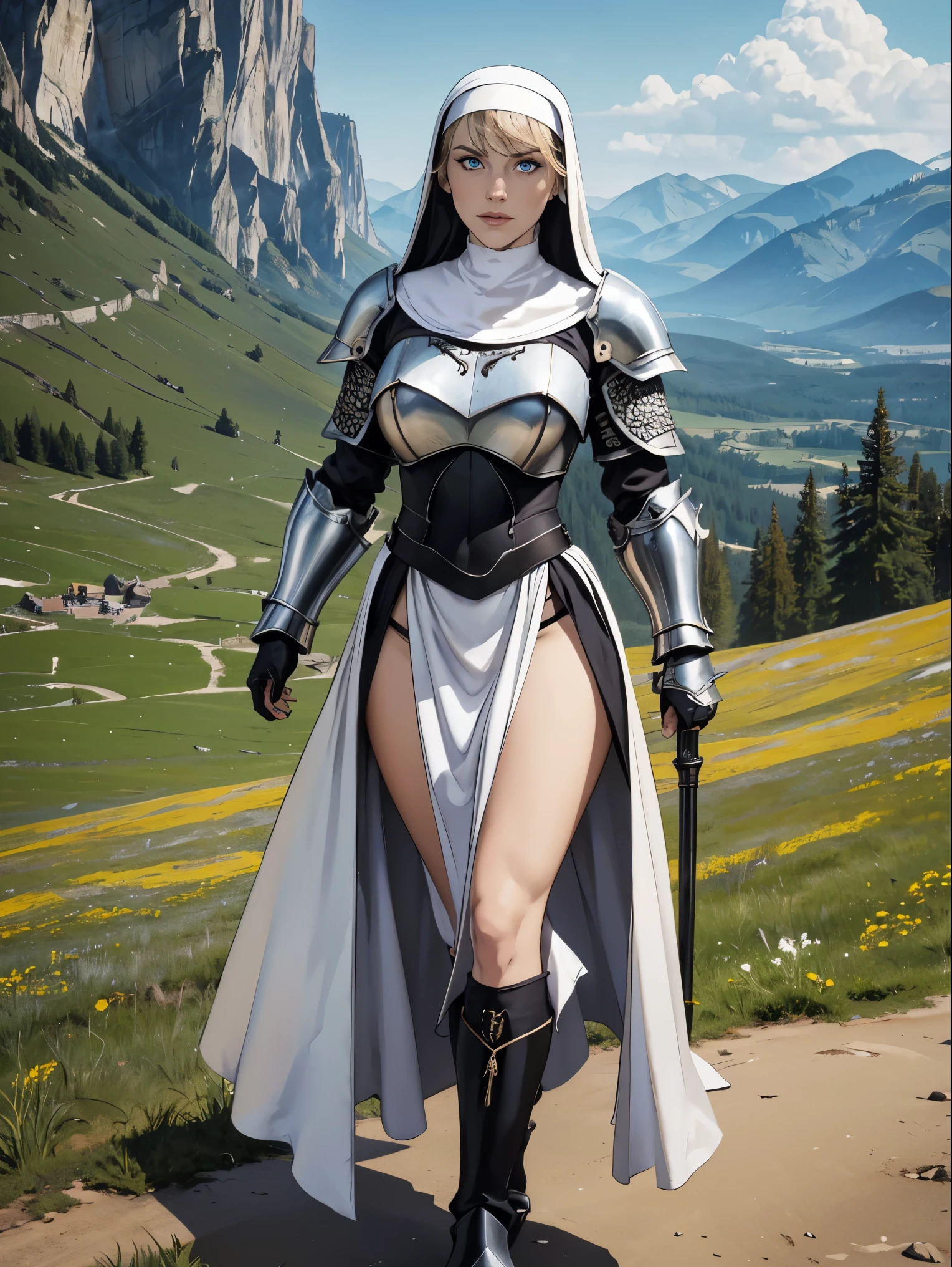 (masterpiece, top quality, best quality, official art, beautiful and aesthetic:1.2), (1girl:1.3), ((Sharp facial features, sharp features, hawkish features)), ((pale skin, blue eyes)), busty paladin knight girl, extremely detailed, portrait, looking at viewer, solo, (full body:0.6), detailed background, full-body shot, (warm mountain meadow theme:1.1), holy knight, (nun), charlatan, smirk, mysterious, swaying in mountains, armor, polished metal, gold trim, long boots, white fabric, pelvic curtain, robe, pale leather, ((((nun, holy aura, mace, heavy armor, armored, long legs, pelvic curtain, toned, muscular)))), slim waist, slim hips, long legs, medieval (mountain exterior:1.1) background, dark mysterious lighting, shadows, magical atmosphere, dutch angle