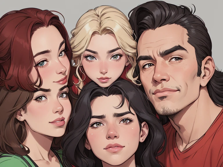 um close up de um desenho animado de um grupo de pessoas, family portrait, by Cesar Andrade Faini, por Olivia De Berardini, caricatura, em estilo cartoon, retrato de alta qualidade, by Camilo Egas, por Samuel Silva, retrato nft, por Rosa Henriques, in digital illustration style, retrato colorido, by Felipe Seade