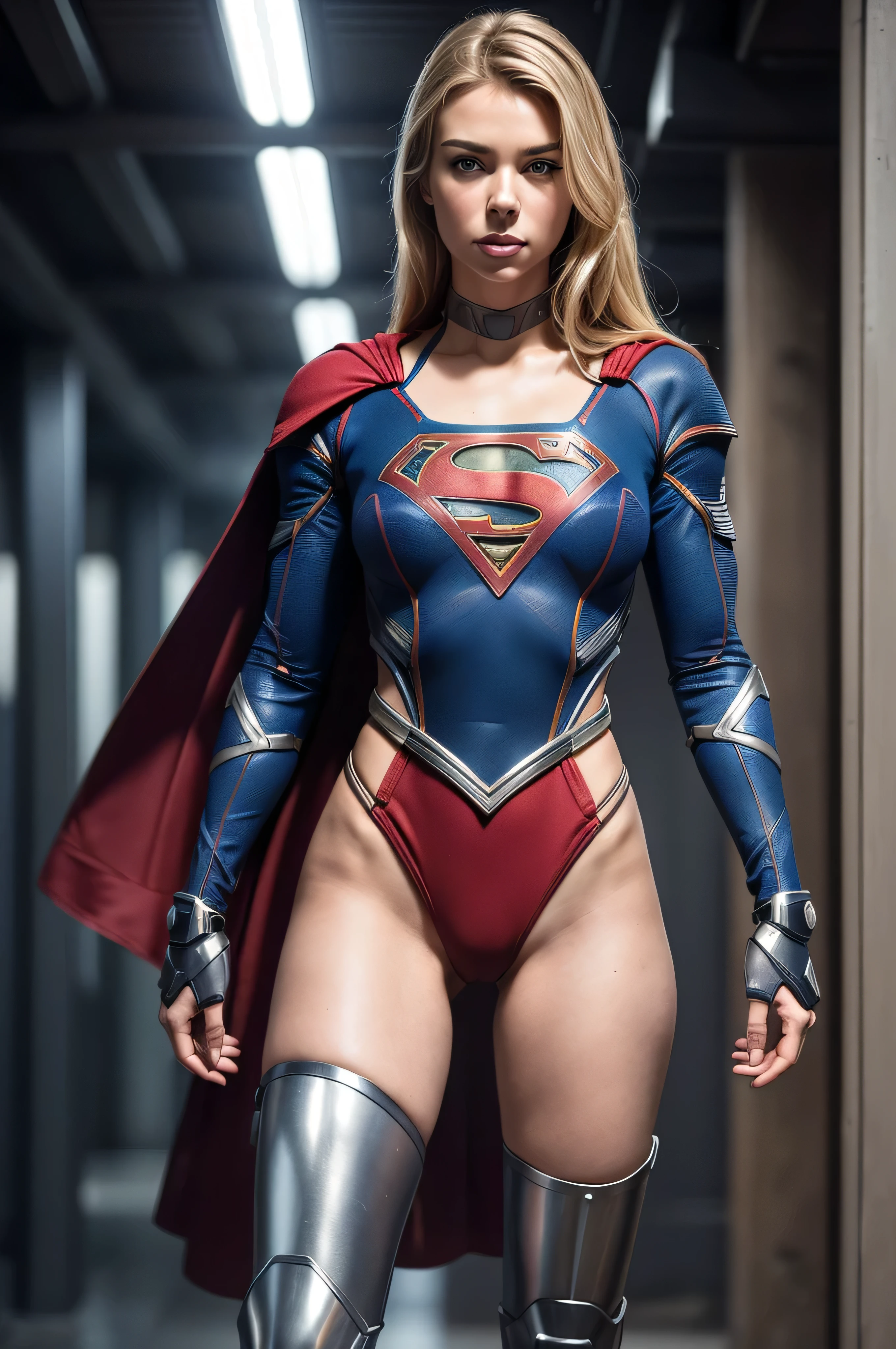 ((masterpiece, 8K, 3D, Realistic, Super Detail)), (1girl:1.3), slender 16 age, Ultra Micro photography, Vanessa-Kirby Super realistic, Perfect face, 16K resolution, 4k resolution, The photo was taken from the Front, facing to the photographer, Foreground photo, dynamic lighting, high-definition resolution, Beautiful features, ((Perfect female Model Slim body)) Beautiful features, ((small hip)), (((2 piece armor Bikini))), Sci-fi futuristic, ((Supergirl armor)) ((bionic Fragmented Supergirl chest armor suit)), Futuristic soldier, ((Exposed thighs)), wear mesh metal-stockings, ((slim thighs)), ((bionic red thighs Steel armor)), Front Full body Shot, full body portrait, perfect legs, shoes, futuristic city background