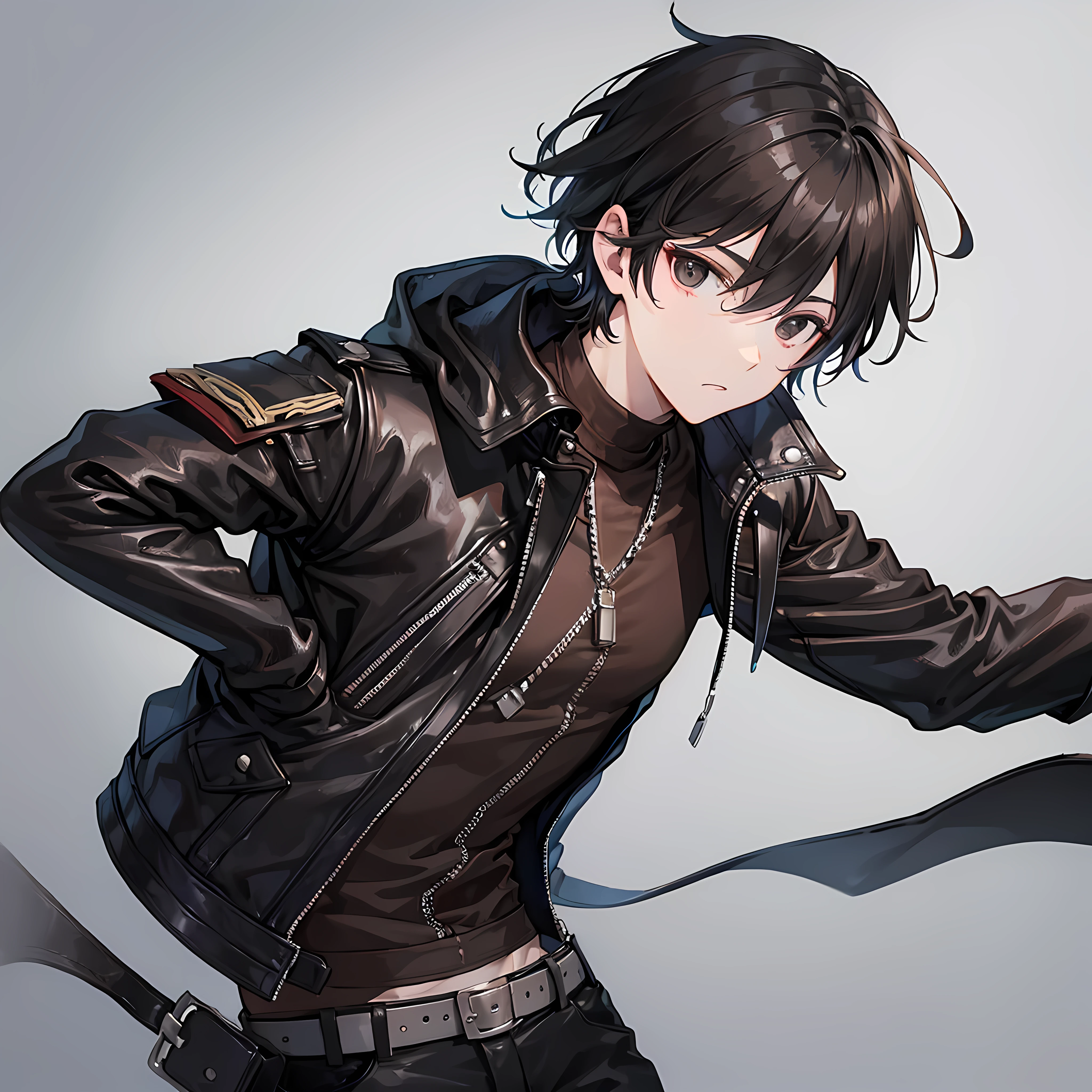 A boy with black hair, black eyes, and a brown leather jacket.