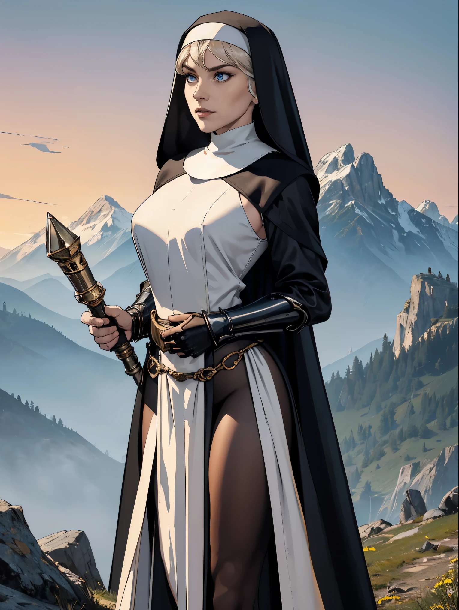 (masterpiece, top quality, best quality, official art, beautiful and aesthetic:1.2), (1girl:1.3), ((Sharp facial features, sharp features, hawkish features)), ((pale skin, blue eyes)), busty paladin knight girl, extremely detailed, portrait, looking at viewer, solo, (full body:0.6), detailed background, full-body shot, (warm mountain meadow theme:1.1), holy knight, (nun), charlatan, smirk, mysterious, swaying in mountains, armor, polished metal, gold trim, long boots, white fabric, pelvic curtain, robe, pale leather, ((((nun, holy aura, mace, heavy armor, armored, long legs, pelvic curtain, toned, muscular)))), slim waist, slim hips, long legs, medieval (mountain exterior:1.1) background, dark mysterious lighting, shadows, magical atmosphere, dutch angle