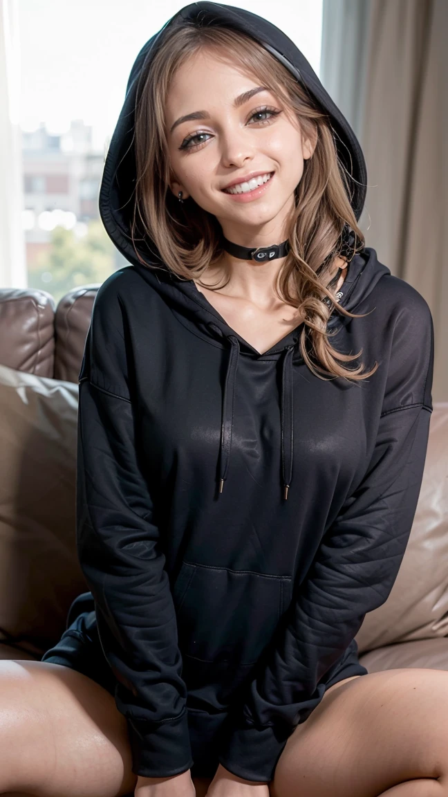 (Muscular:1.6), (thick thighs),
woman, (big smile:1.7), brown hair,
eyeshadow, lipstick, choker, thigh high socks, (large oversized hoodie covering whole body, hood off:1.5),
looking at viewer, sexy pose, three quarter view, sitting down cuddled up on the couch,
dark bedroom, rim lighting, detailed skin, detailed eyes