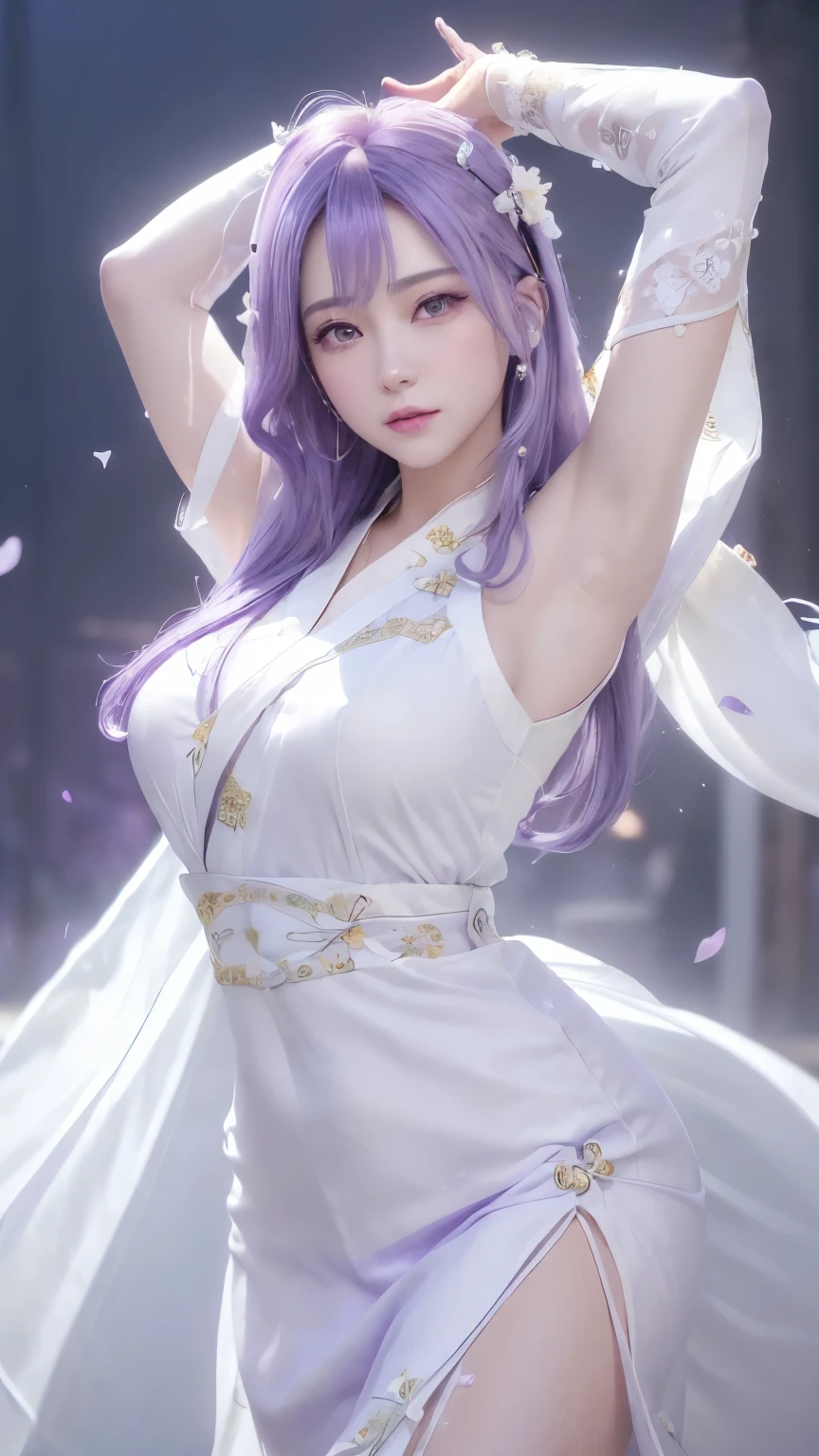 (logo、masterpiece、8k、table top、RAW photo、wonderful、最high quality、Photorealistic and hvery detailed CG integrated 8k wallpaper、high quality、very detailed、narrative poem、particle effects、dynamic effects、Depth of the bounds written、cinematic light、Lens flare、ray tracing)、fantasy、 (1 beautiful woman、white kimono、white long dress、light purple hair、beautiful face、real face、beautiful detail eyes、beautiful skin、woman dancing gracefully:1.7、woman dancing gracefully:1.7)、Hair flutters in Wind、hair bounces、髪がWindで踊る、hair jump、night、Wind、darkness、grassland、vast land、Spectacular view、美しい自然のWind景、night空、Wind、Cherry tree、Cherry blossom petals are dancing、SakuraFubuki、Falling petals