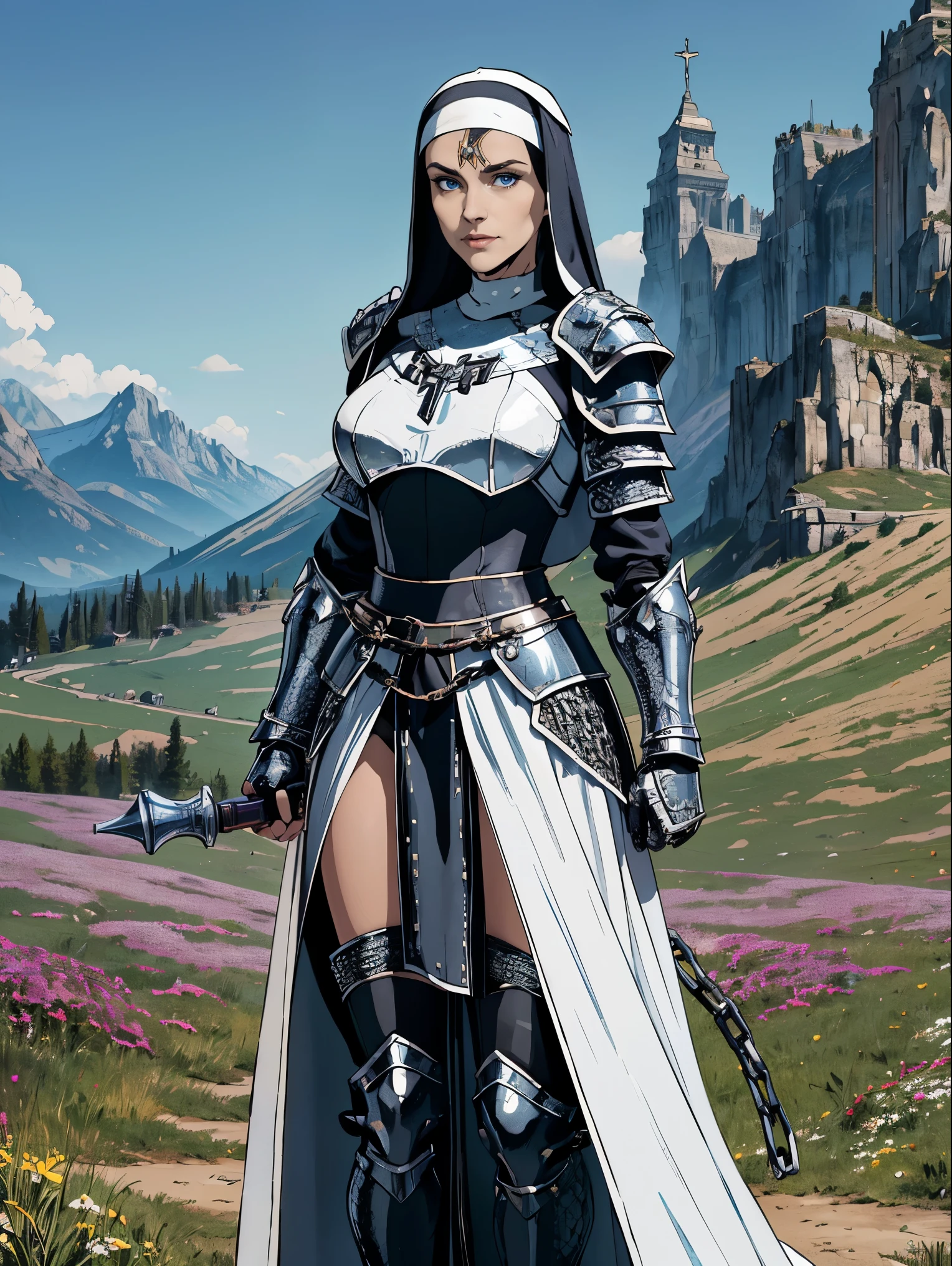 (masterpiece, top quality, best quality, official art, beautiful and aesthetic:1.2), (1girl:1.3), ((Sharp facial features, sharp features, hawkish features)), ((blue eyes)), busty paladin knight girl, extremely detailed, portrait, looking at viewer, solo, (full body:0.6), detailed background, full-body shot, (warm mountain meadow theme:1.1), holy knight, (nun), charlatan, smirk, mysterious, swaying in mountains, armor, polished metal, gold trim, long boots, white fabric, pelvic curtain, robe, pale leather, ((((nun, holy aura, mace, heavy armor, armored, long legs, pelvic curtain, toned, muscular, chainmail)))), slim waist, slim hips, long legs, medieval (mountain exterior:1.1) background, dark mysterious lighting, shadows, magical atmosphere, dutch angle