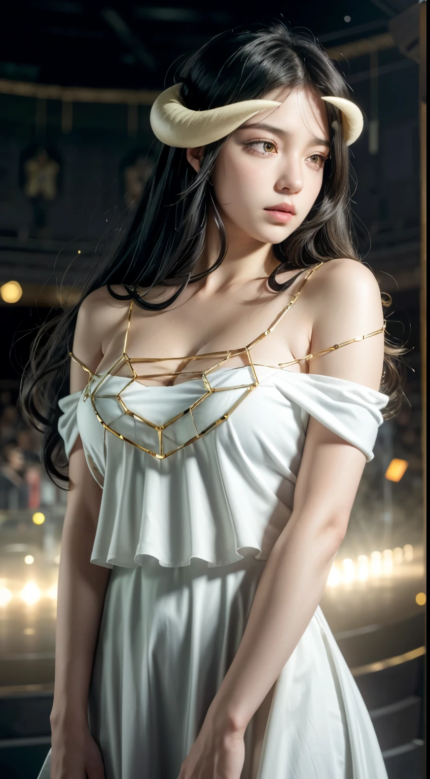 Masterpiece, Best quality, Ultra-detailed, illustration, epic lighting, Cinematic composition, isometry,(hexagons:1.2), 1girll, Horns, Solo, Yellow eyes, Black hair, Long hair, (Low wing:1.2), Large cleavage, Bare shoulders, hair between eye, Medium breasts, (White dress:1.1), Golden decoration, Detached collar, view the viewer, Semi-closed Eyes, (view the viewer:1.1), parted lip, Blush, Black feathers fall, Arena, particle fx, (8K:1.1)