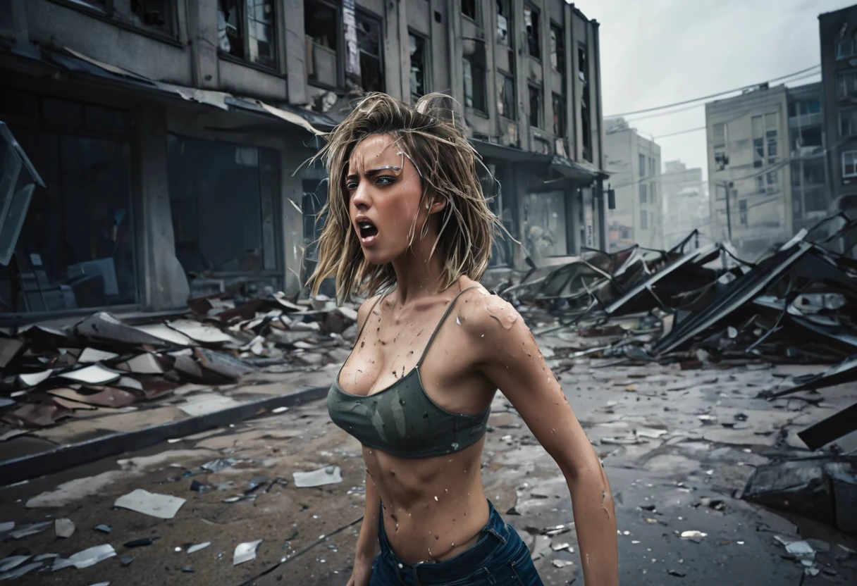 Saitama, one punch man, confused look,cute woman posing for couples photos, asking the crowd to take picture,wrecked part of town post fight,illustration,ultra-detailed,photorealistic:1.37,post-apocalyptic,comic art,harsh lighting,vibrant colors,debris and dust in the air,expressive faces,cracks and damages on buildings,urban decay,wind blowing through hair,muted tones,hazy atmosphere,overcast sky,rippling muscles,strong contrast,broken glass shards,commanding presence of woman,hope in desperation,nostalgic aesthetic,playful expression,dynamic poses,urban ruin,action-packed scene,gritty,attention to facial expressions,determined stares,mixed emotions,decaying structures,flowing cape,scattered rubble,smoke-filled background,emotionally intense,wide-angle shot,thrilling energy,dramatic shadows,spectacular visuals,motion blur,comic book cover style
