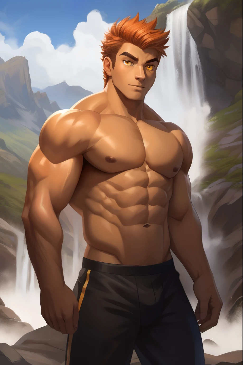 A very attractive young man with very short dark orange hair combed severely back, (hairy) although 4 small strands of hair just a couple of centimeters long fall on his forehead, his skin is tanned in a copper tone and amber eyes (((YELLOW WYES))) ((dark orange eyebrows)). He is shirtless and is only wearing black cloth pants. He is very muscular with broad shoulders, prominent pectorals and very marked abs, training in the mountains with a waterfall behind him. (((Handsome))).