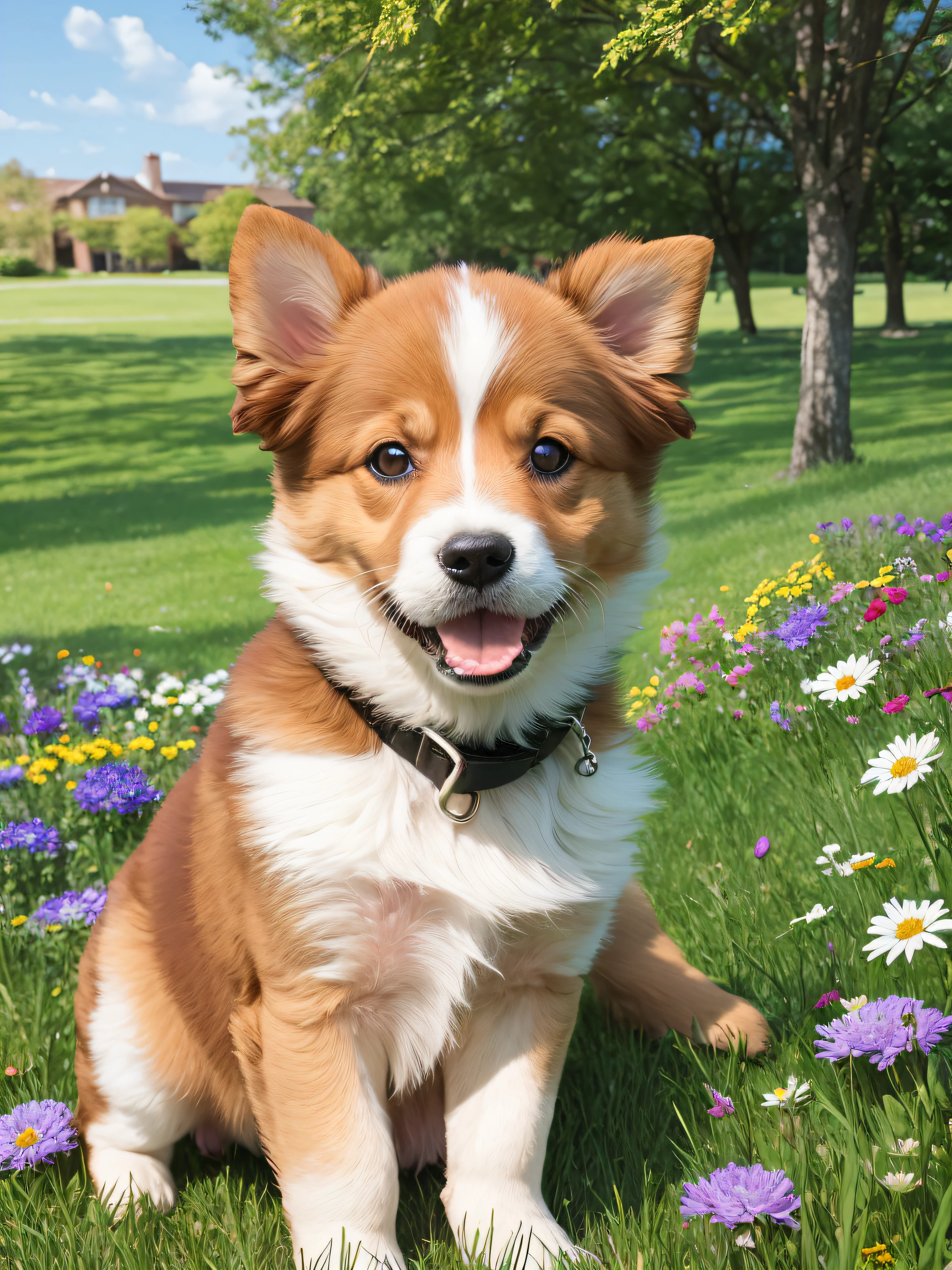 puppy, happy on riverside lawn, masterpiece, 8k, high resolution, highest texture, smiling face, real flowers in background --auto --s2