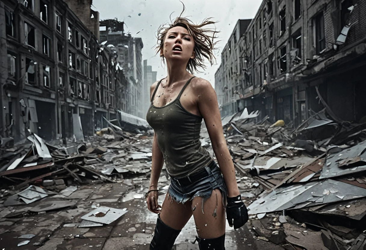 Saitama, one punch man, confused look,cute woman posing for couples photos, asking the crowd to take picture,wrecked part of town post fight,illustration,ultra-detailed,photorealistic:1.37,post-apocalyptic,comic art,harsh lighting,vibrant colors,debris and dust in the air,expressive faces,cracks and damages on buildings,urban decay,wind blowing through hair,muted tones,hazy atmosphere,overcast sky,rippling muscles,strong contrast,broken glass shards,commanding presence of woman,hope in desperation,nostalgic aesthetic,playful expression,dynamic poses,urban ruin,action-packed scene,gritty,attention to facial expressions,determined stares,mixed emotions,decaying structures,flowing cape,scattered rubble,smoke-filled background,emotionally intense,wide-angle shot,thrilling energy,dramatic shadows,spectacular visuals,motion blur,comic book cover style
