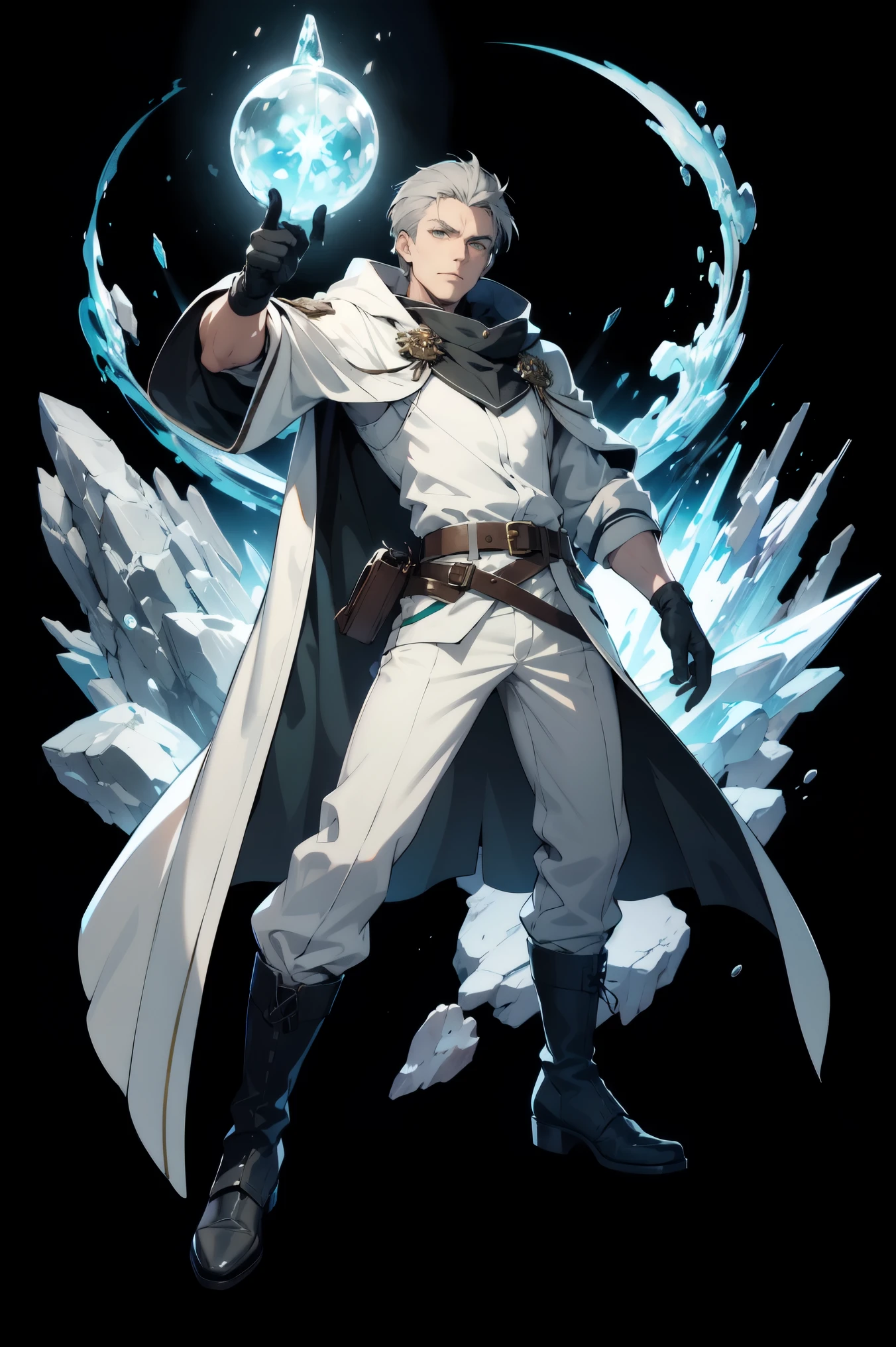 (best quality,highres),gray-haired man,gray eyes,transparent cloak,white shirt,green pants,boots,belt, gloves,(ice wizard,malesorcerer),masculine pose