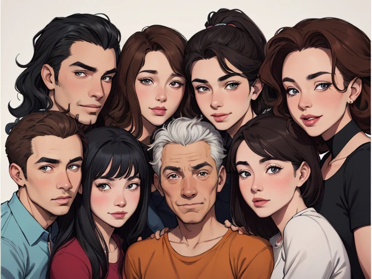 um close up de um desenho animado de um grupo de pessoas, retrato de family, by Cesar Andrade Faini, por Olivia De Berardini, caricatura, em estilo cartoon, retrato de alta qualidade, by Camilo Egas, por Samuel Silva, retrato nft, por Rosa Henriques, in digital illustration style, retrato colorido, by Felipe Seadethere are many people together in a group, retrato nft, a grupo de pessoas, grupo de pessoas, family, by Matteo Pérez, family portrait, por Barron Storey, camaradagem, por Brian Thomas, retrato de grupo, por Sam Dillemans, high resolution, por Luis Molinari, diversas idades, Satoshi, Pessoas bonitas