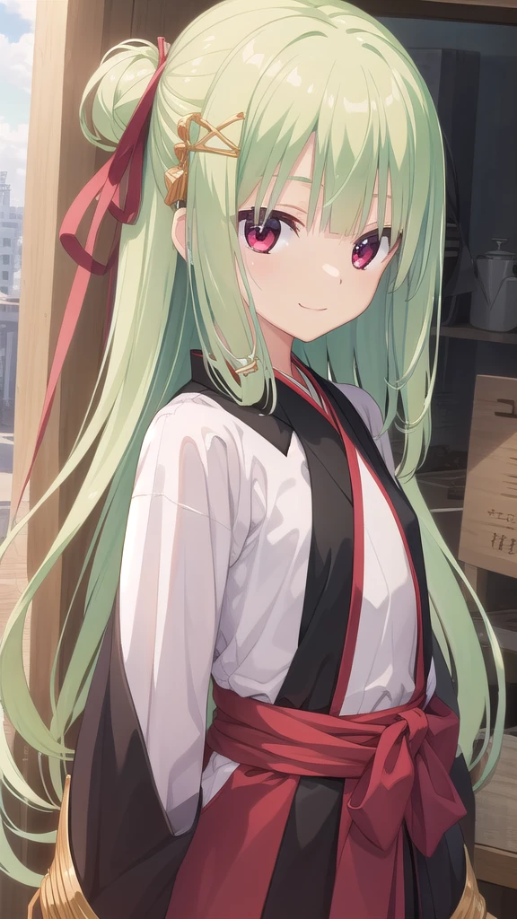 ((masterpiece)),(best quality),Official Art,Extremely detailed CG,Unity 8k Wallpaper,Super detailed,Beautiful and delicate eyes,Extremely detailed face,1 girl,solitary,,(whole body:1.5),(small:1.3),Smile,,Murasame,Very long hair,Green Hair,Face Up,Purple bow,hairpin,Side chains,Bangs,Red Eyes,Neck strap,Red belt,Elegant and beautiful,Cloud sleeve hanfu,Low Price Gold Cup,The first ray of sunshine