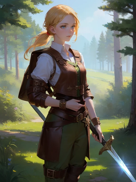 masterpiece, best quality, rpg character art, epic fantasy art style, 1 woman, Emily, 18 year old woman, mature and confident demeanor, she's gathering wind in her palm, full body fantasy concept art, blond hair tied in a loose ponytail, hair comes down to her mid-back, crystal blue eyes, high detail, wearing adventurer gear, fitted white blouse with a high collar, underneath a dark, form-fitting vest or tunic, (((blouse has small brown leather shoulder pads))), olive green pants with a leather belt tucked into knee-high brown learher boots, backpack, (((sword sheathed at her waist))), backpack is on her back, attire is modest but feminine, intricate details, ultra high resolution, sharp focus, HD, 8k, clear facial features, clear details, clearing in a forest background, close-up view