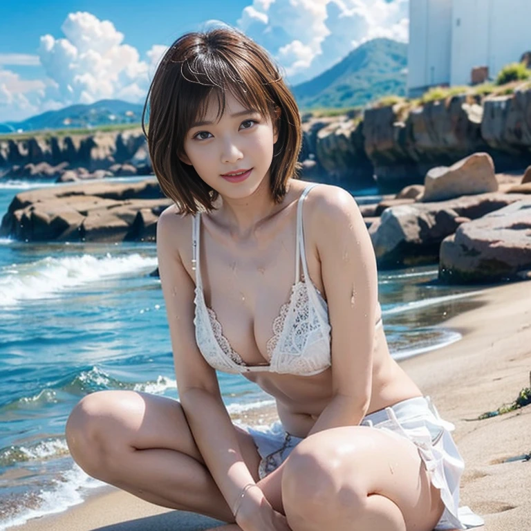 Masterpiece, 8k, best quality, 1 girl, ultra detailed face, perfect skin, perfect face, Tsubasa Honda, japanesse actress, short hair, brown hair, brown eyes, smile, beauty, half naked, wet white lace undershirt, huge breasts, big chest, open chest, off shoulders, plattered mini skirt, prominent nipple points, sitting on the sands, spread legs apart, full body view, seaside, nice legs
