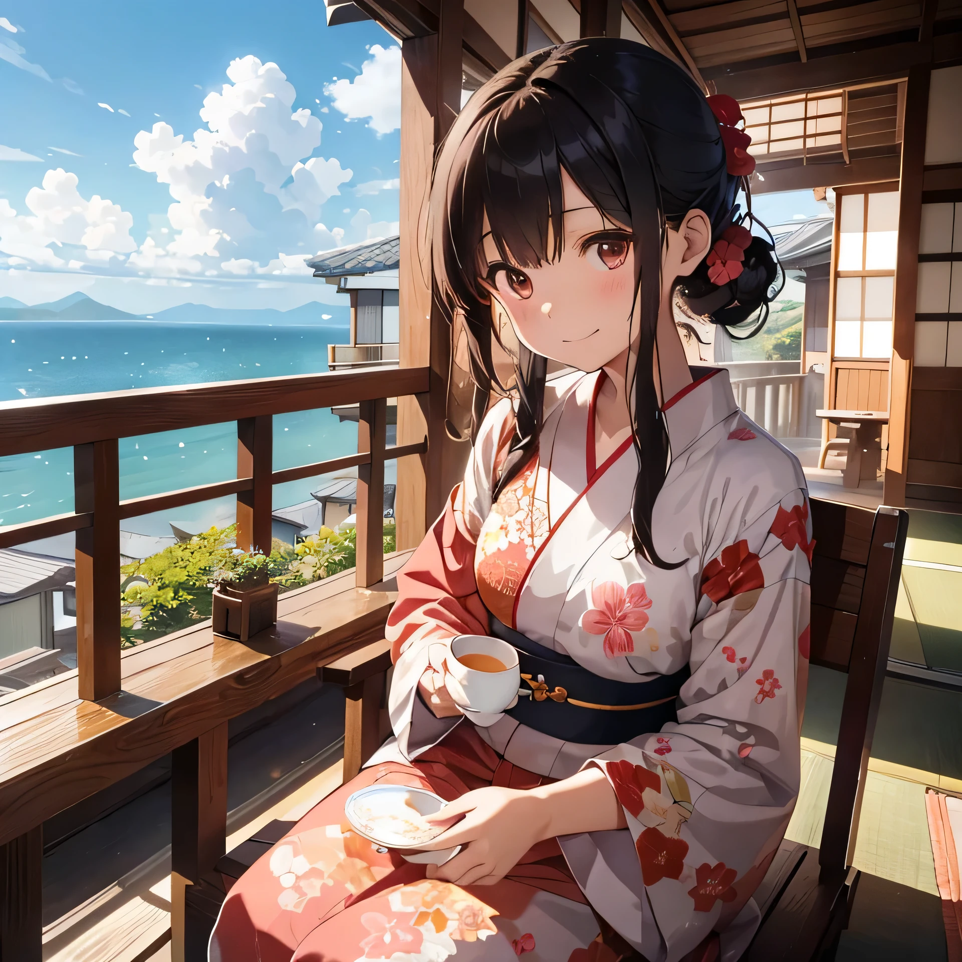 Sitting on the veranda of a Japanese house facing the sea、A 20-year-old woman wearing a bright crimson long-sleeved kimono with floral patterns that reaches down to her ankles, drinking tea from a cylindrical teacup without a handle and smiling.、Profile of upper body、Eyes are fixed on the sky、Don&#39;t show skin on your feet