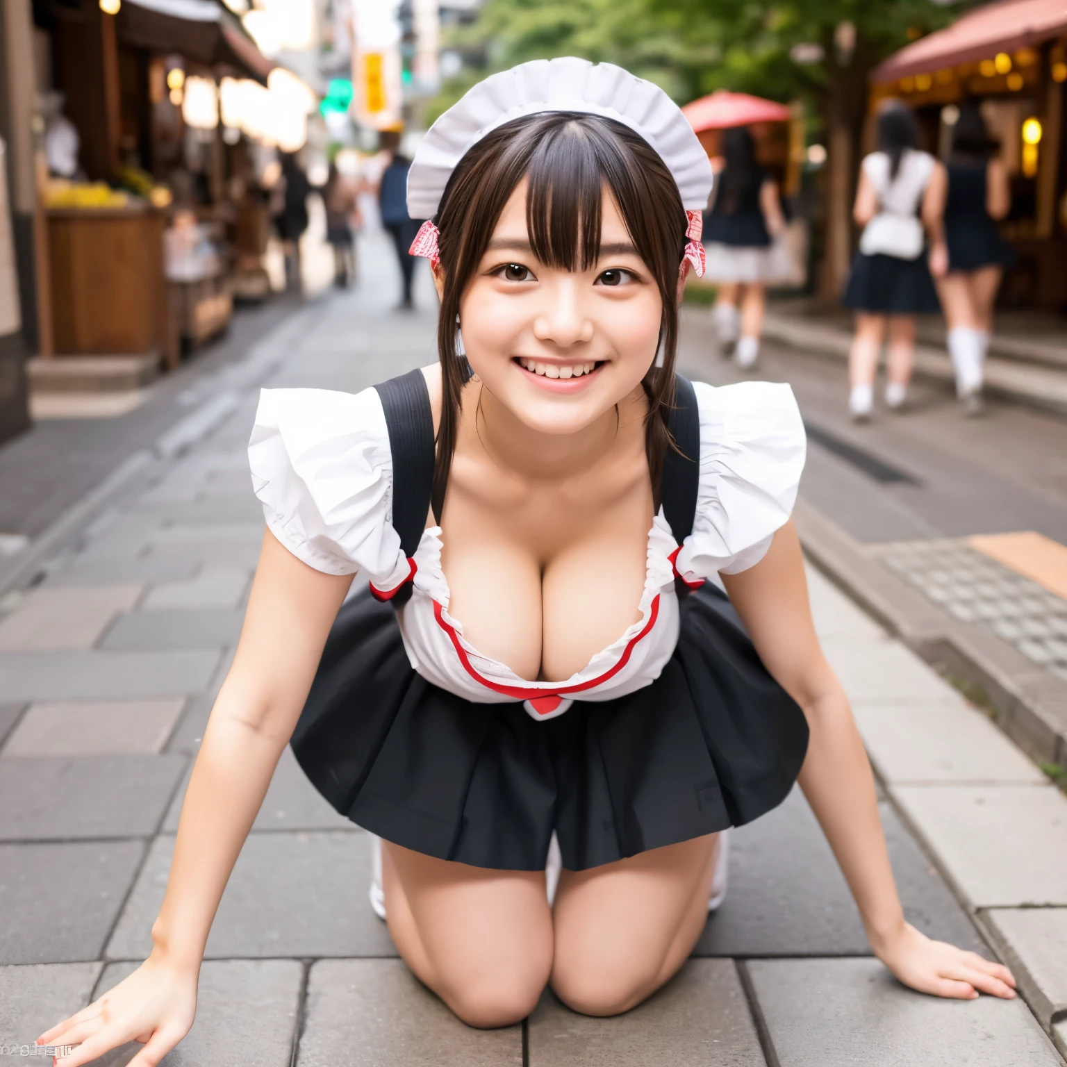 Cute face like a 15-year-old idol　Smiling Kindly　Japanese maid cafe outfit　Maid clothes　mini skirt　Cosplay　Whole body　Full body portrait　Cleavage　Medium bust　Crouching on the sidewalk　RAW Photos　Genuine　Genuine　High resolution　RAW Photos
