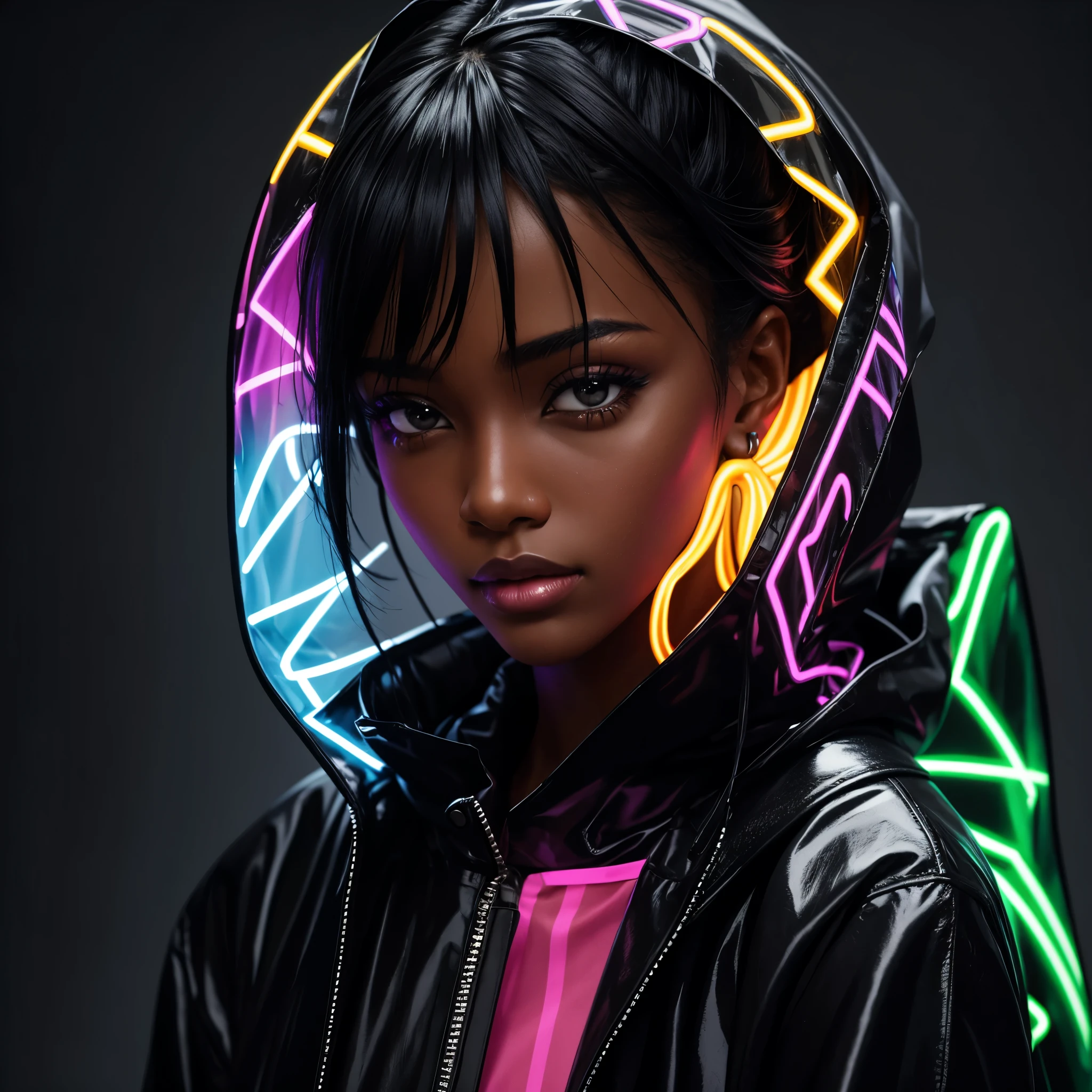 Fashion close of black model, black hair, dimensional light, completely symmetrical, with raincoat in neon colors on her head.”