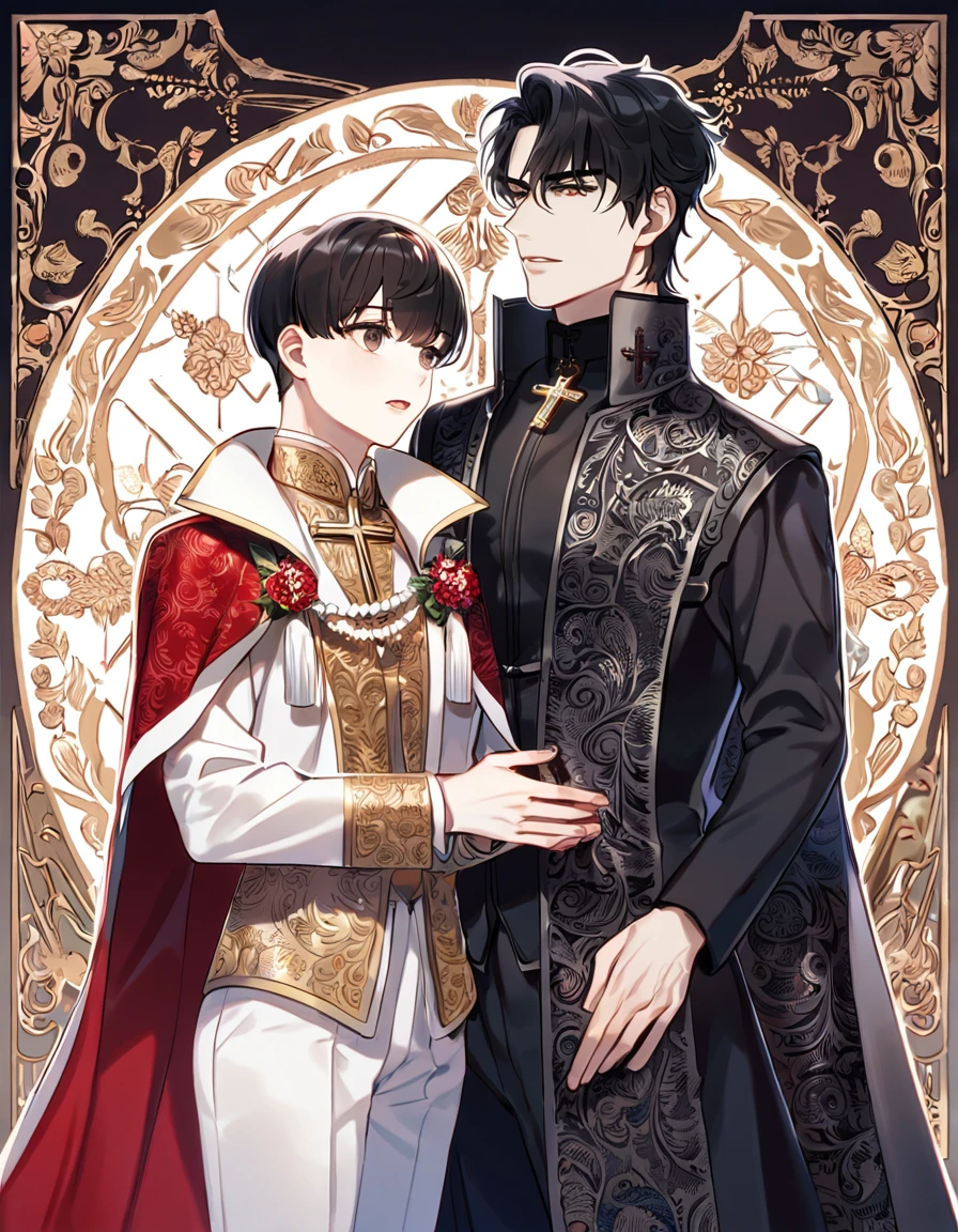 (absurdres, highres, ultra detailed, HDR) master piece, best quality, perfect face, delicated features, black hair, black armor, red cape, Knight Yoo Joonghyuk x Prince Kim Dokja, short hair, straight black hair, with bangs, white prince clothes, patterns, expressive brown eyes, Omniscient reader's viewpoint, two men together, handsome, gay couple, yaoi, red roses, cross, ruby, jelwery