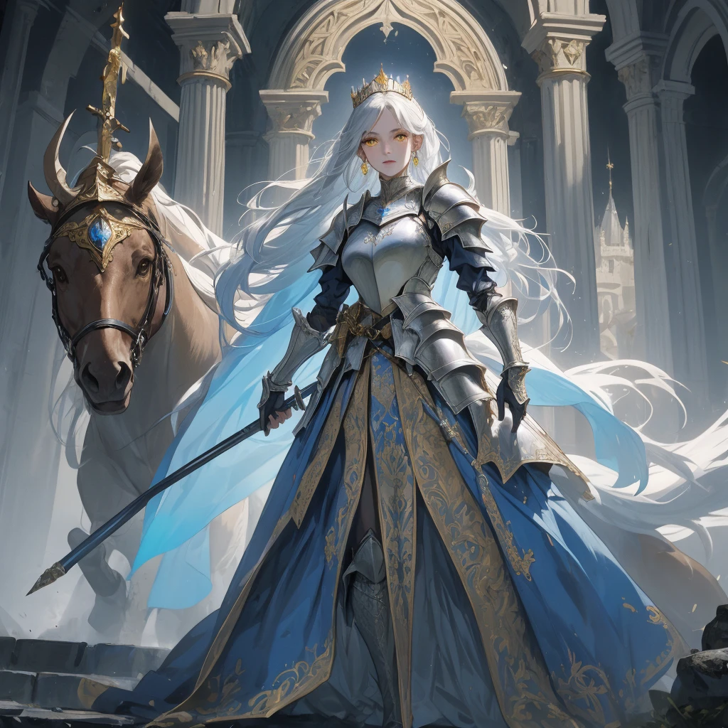 (best quality, high quality) (full body) A knight in dark armor stands in a position that exudes strength outside of a castle. The intricate armor is adorned with gold details and emits a light blue aura. The knight wears a matching crown, and their silver hair flows in the wind. Their face is strikingly beautiful, with piercing yellow eyes that draw attention. The knight holds an ornate spear, The scene is lit with realistic illumination, enhancing the details and atmosphere.