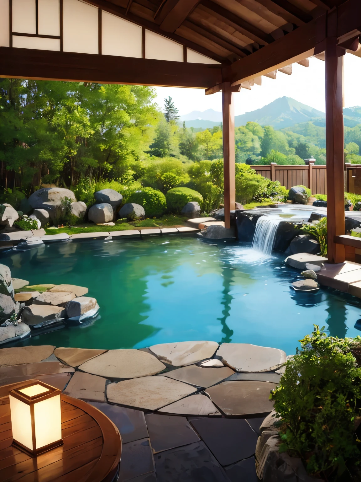 Japanese onsen bathing background, daytime, aesthetic