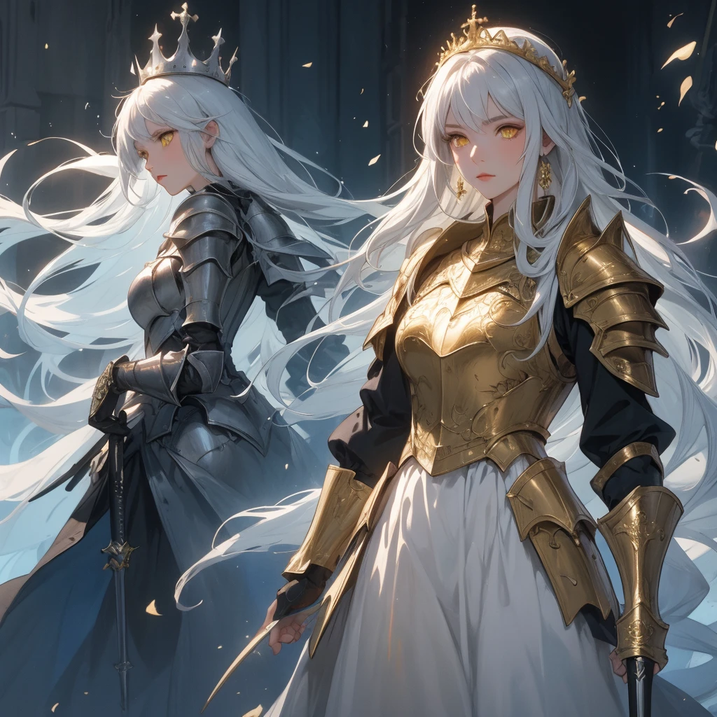(best quality, high quality) (full body) A knight in dark armor stands in a position that exudes strength outside of a castle. The intricate armor is adorned with gold details and emits a light blue aura. The knight wears a matching crown, and their silver hair flows in the wind. Their face is strikingly beautiful, with piercing yellow eyes that draw attention. The knight holds an ornate spear, The scene is lit with realistic illumination, enhancing the details and atmosphere.
