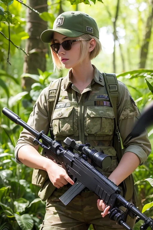 In the jungle, a beautiful young European woman,ranger,18 years old,golden short hair,sunglasses,watches,camouflage baseball cap 🧢, few children wore camouflage uniforms and carried sniper rifles,photorealistic,photorealism,professional photo,long shot --ar 3:4 --style raw