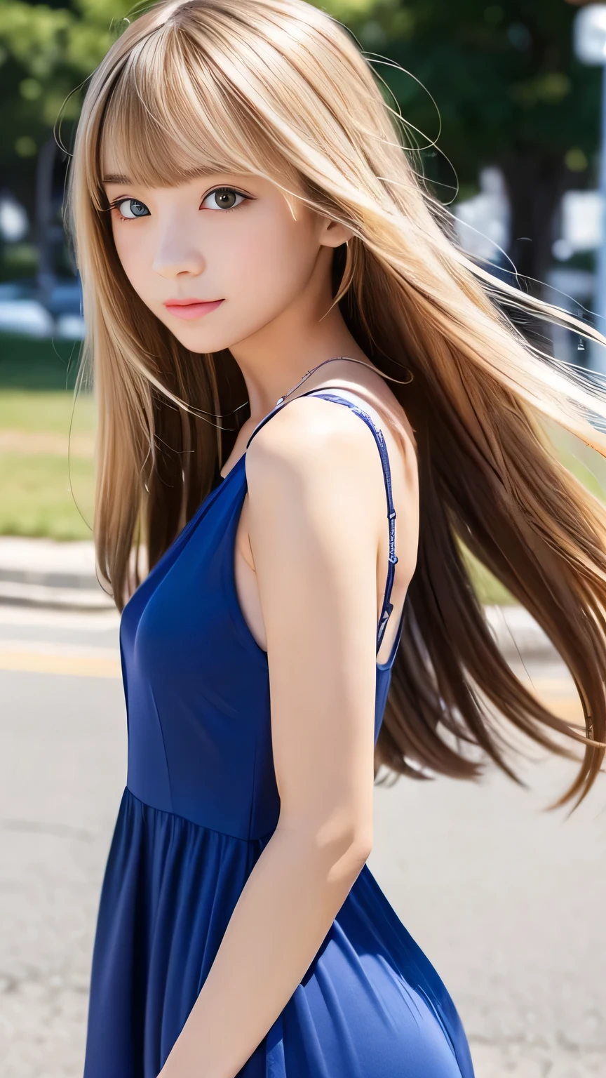 Sexy Big 、A cute 13-year-old girl with a sexy and cute look, beautiful and sexy face、A strong wind blows my hair in front of my face、With straight blonde hair、beautiful, Cute and sexy eyes hidden behind long bangs、Cute one piece dress