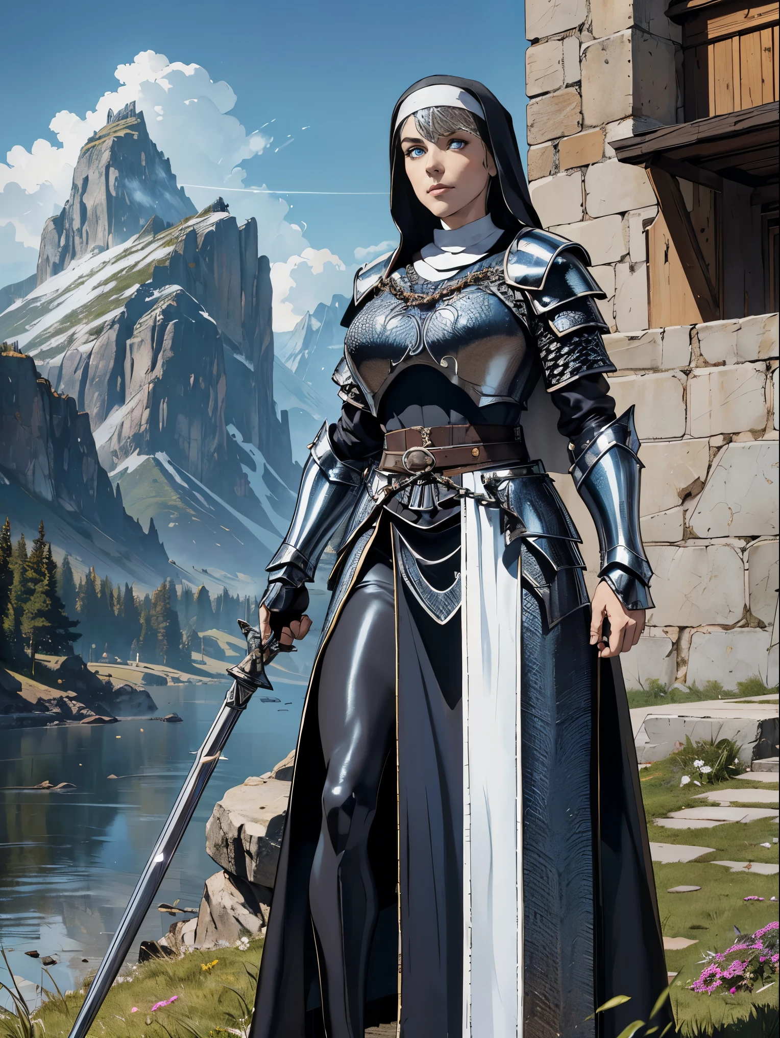 (masterpiece, top quality, best quality, official art, beautiful and aesthetic:1.2), (1girl:1.3), ((Sharp facial features, sharp features, hawkish features)), ((blue eyes)), busty paladin knight girl, extremely detailed, portrait, looking at viewer, solo, (full body:0.6), detailed background, full-body shot, (warm mountain meadow theme:1.1), holy knight, (nun), charlatan, smirk, mysterious, swaying in mountains, armor, polished metal, gold trim, long boots, white fabric, pelvic curtain, robe, pale leather, ((((nun, holy aura, mace, heavy armor, armored, long legs, pelvic curtain, toned, muscular, chainmail)))), slim waist, slim hips, long legs, medieval (mountain exterior:1.1) background, dark mysterious lighting, shadows, magical atmosphere, dutch angle