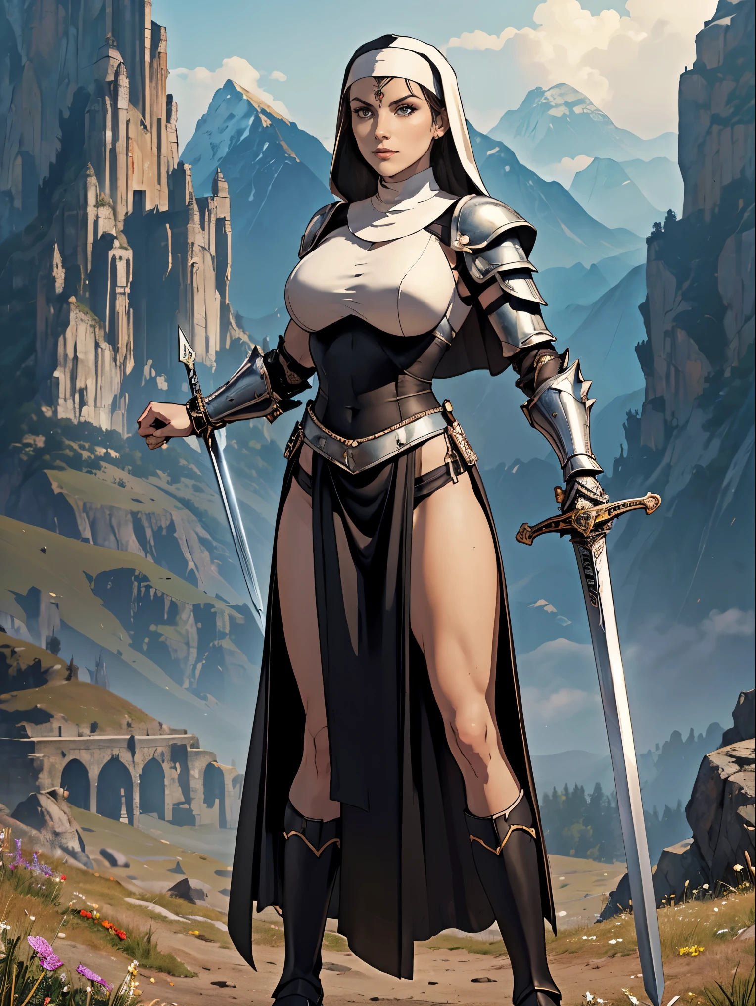(masterpiece, top quality, best quality, official art, beautiful and aesthetic:1.2), (1girl:1.3), ((Sharp facial features, sharp features, hawkish features)), ((fair skin, brown eyes)), busty paladin knight girl, extremely detailed, portrait, looking at viewer, solo, (full body:0.6), detailed background, full-body shot, (warm mountain meadow theme:1.1), holy knight, (nun), charlatan, smirk, mysterious, swaying in mountains, armor, polished metal, gold trim, long boots, white fabric, pelvic curtain, robe, pale leather, ((((nun, radiant aura, sword, heavy armor, armored, long legs, pelvic curtain, toned, muscular)))), slim waist, slim hips, long legs, medieval (mountain exterior:1.1) background, dark mysterious lighting, shadows, magical atmosphere, dutch angle