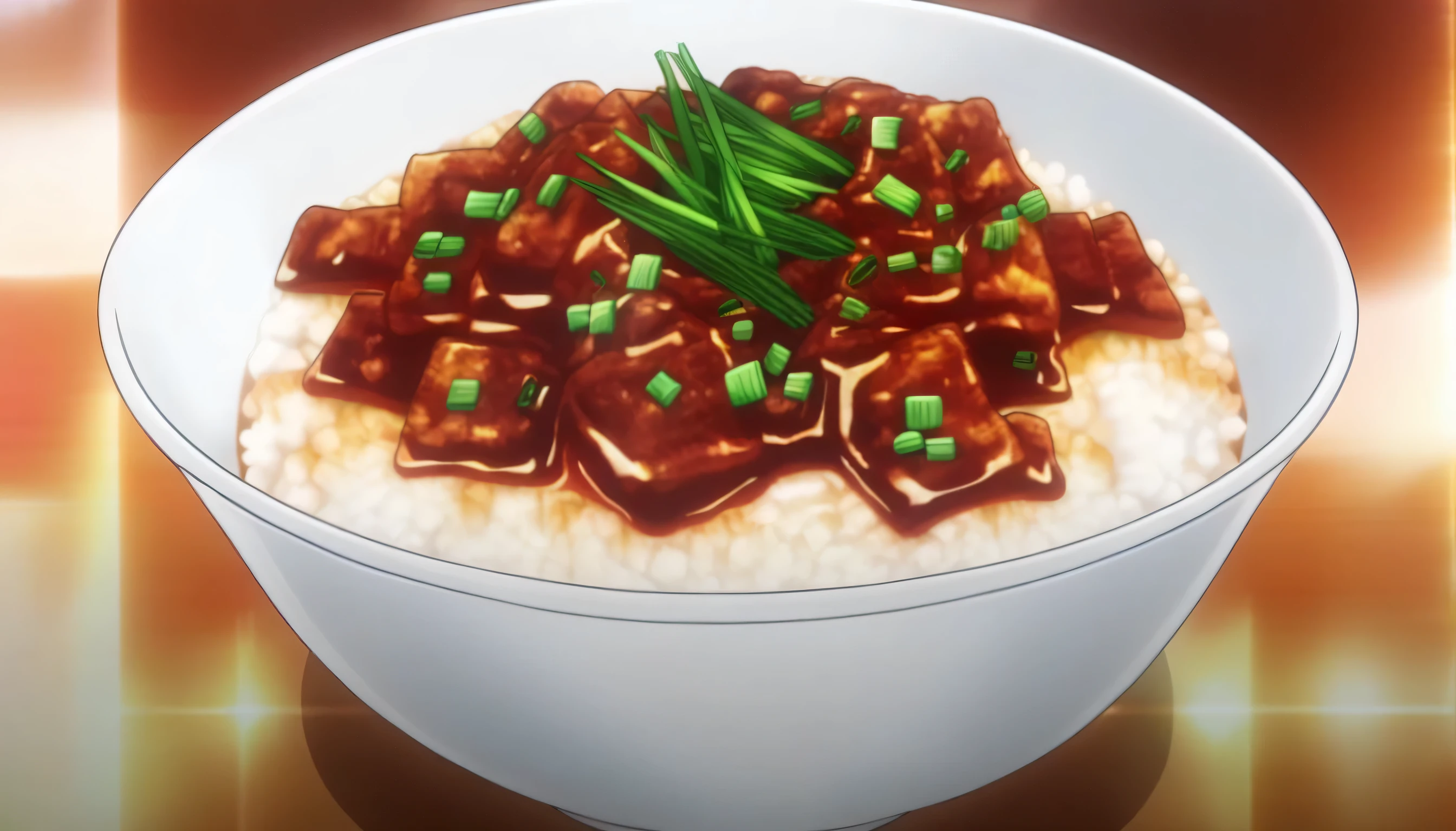 The image displays a bowl of mapo tofu with a deep red sauce, topped with green onions. The bowl is round and transparent, filled with small cubes of tofu and what appears to be meat, almost reaching the brim. The background of the image is white, accentuating the vibrant color of the dish and its toppings.,  