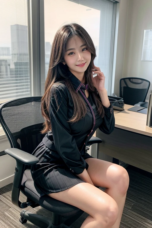 (Natural background), masterpiece, highest quality, shape, Very detailed, finely, High resolution, 8k wallpaper, 完璧なダイナミックな構shape, finelyて美しい目, Big Breasts, Natural color lip, Random pose, smile, ((office)), 20-year-old girl, Full Body Shot, Long Hair, ((working office uniform)), (dark), Thinking Ahead, Sitting in a chair