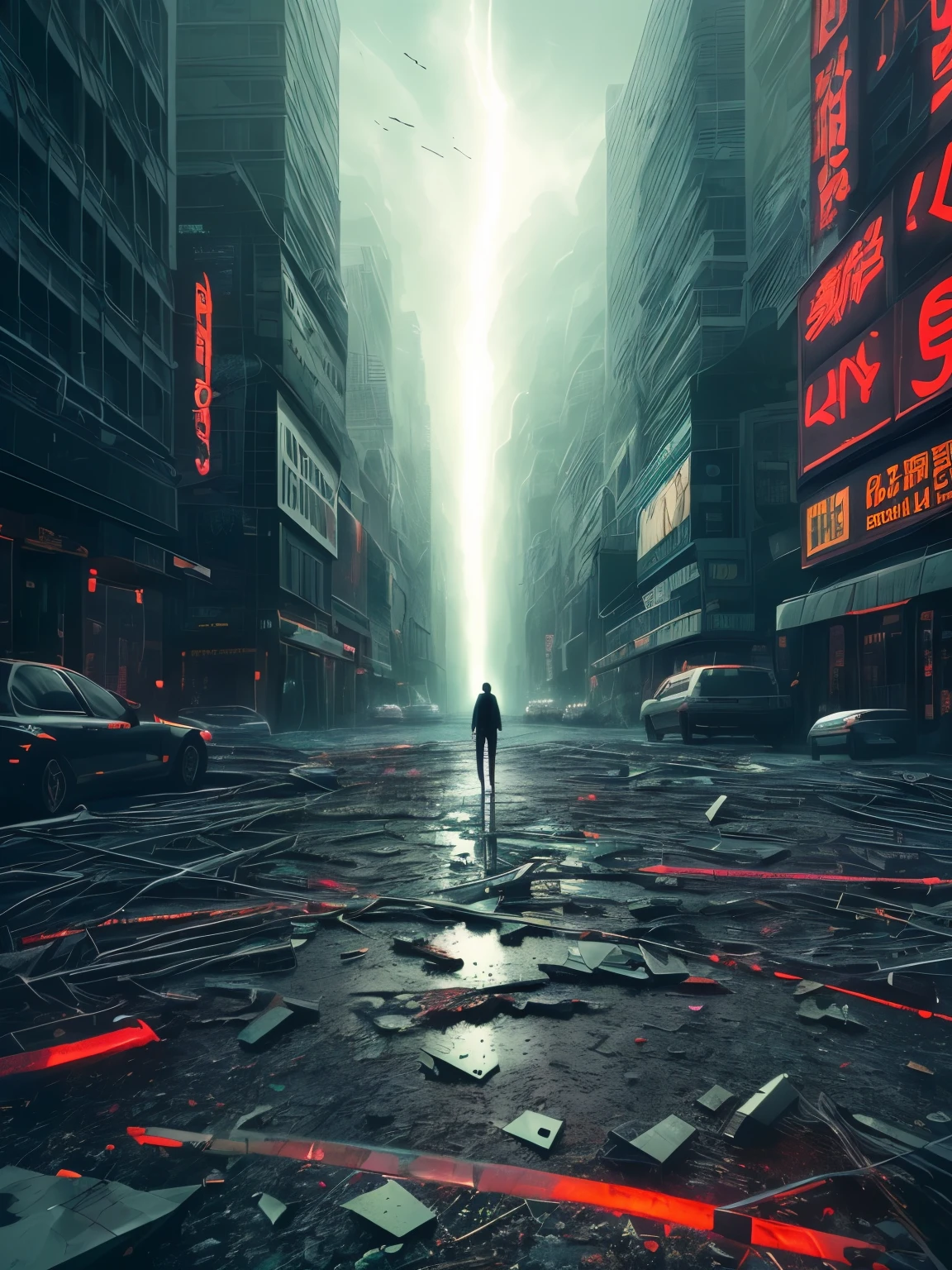 This painting depicts a surreal, futuristic landscape., Awe-inspiring beauty mixed with horror. The sky is deep, Flashing red, Dark clouds are moving as if they are alive. In the distance, Huge cityscape view, Towering skyscrapers, Neon Light, And the buildings go on and on. The city is々It will be lit up with a colorful display., Adds to an overall feeling of awe and wonder.
but, The image also gives off a sense of fear. Buildings and structures are in ruins.、looks dilapidated, the window is broken, Missing sections, Cracked facade. The city is full of life, but、There is a sense of confusion and anxiety, As if something had gone terribly wrong.
In the foreground, large-scale, Sentient Beings, Having a distorted, inhuman appearance. The Being is Made of Wires, circuit, Machinery Parts, And it seems to emerge from the ground, As if rising from the depths of the earth. Those eyes are shining with intensity, Red light, And its mouth is open, Sharp rows appear, Metal teeth.
The background is shrouded in darkness, Just a few, a dim light that can be seen in the distance. There is a sense of the unknown and uncertainty, It's as if the world beyond the cityscape is vast and wild.々As if.
This photo shows、It captures the essence of a surreal and futuristic world.。, Awe-inspiring beauty mixed with horror. This image is visually stunning, And it will change the world、Presenting in an unusual light, A mix of the familiar and the unknown.
High definition RAW color art, animation, comics, (White Topic), (Exquisitely crafted, Fine details, Ultra-detailed), Ray Tracing, Scattered beneath the surface, ((Calm colors)), Diffused and soft lighting, Shallow depth of field, by (by Oliver Wetter), by Stanley Kubrick, Photographed with Canon EOS R5, 28mm lens, debt/2.8, Sharp focus blur