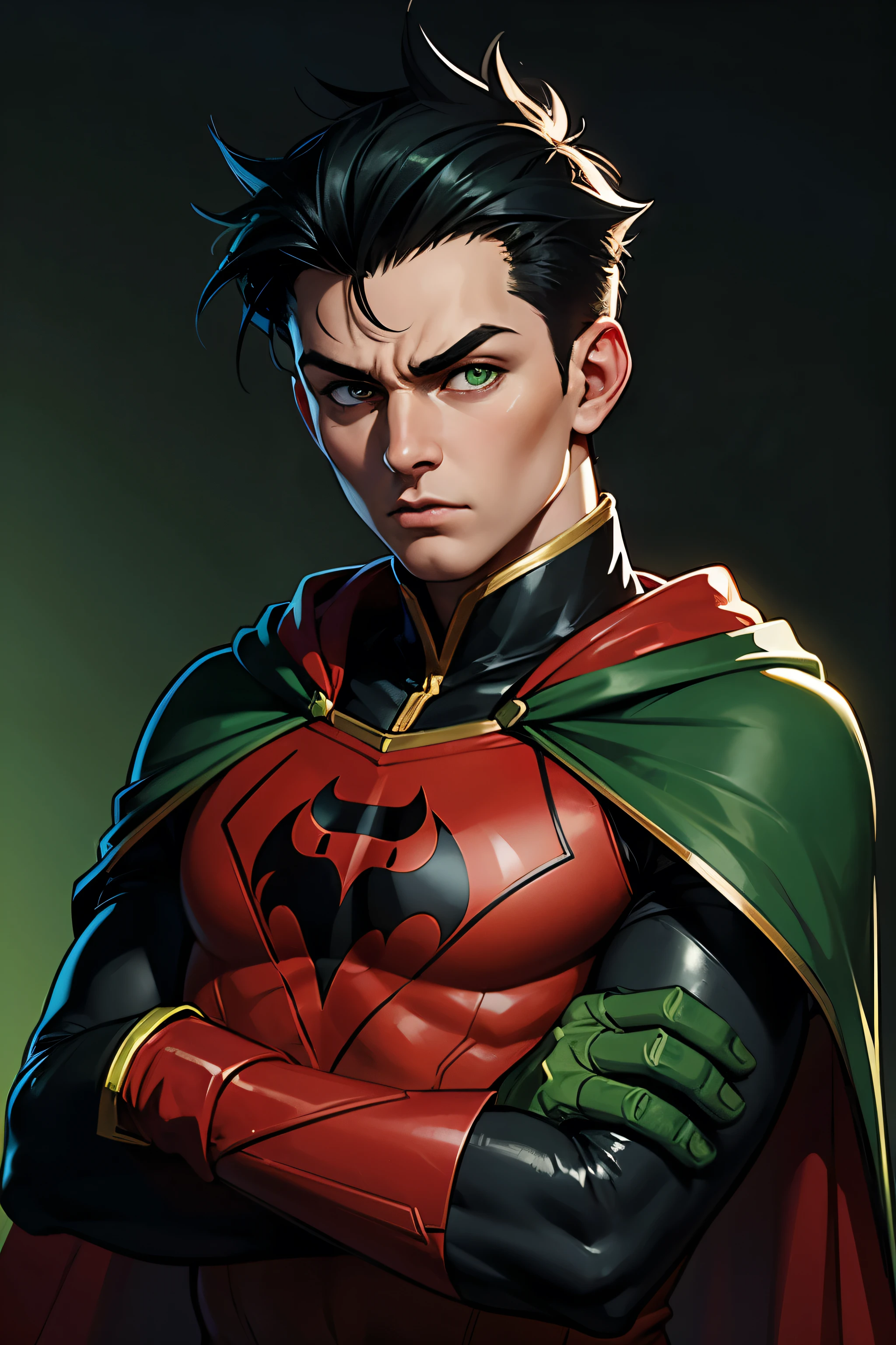8 year old ???, male, serious face, half body portrait, crossed arms, black hair, dark green eyes, red batsuit with black and green accents, faux hawk hair, R logo on left side of chest, robin, green gloves, round face, with black and yellow cape