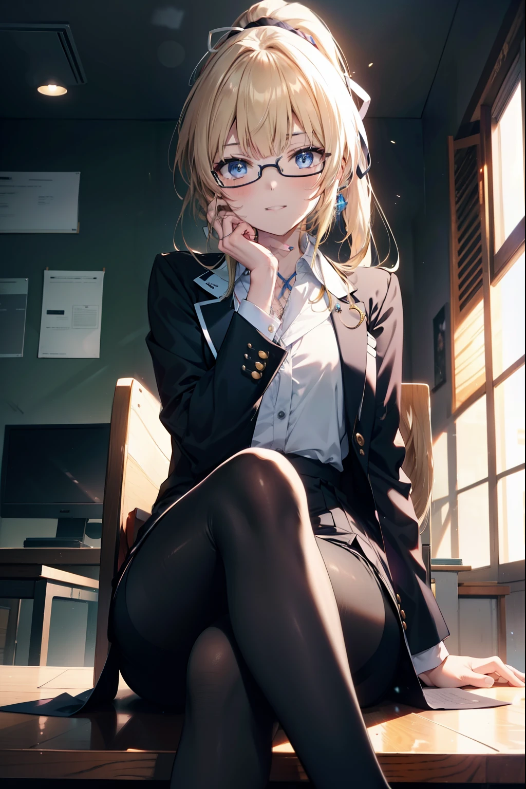 Eliris Penser, eriri sawamura spencer, Blonde Hair, blue eyes, Blunt bangs, hair band, Princess Cut, ponytail long hair, happy smile, smile, Open your mouth,OL, Akagi glasses, Black suit jacket, Collared jacket, White dress shirt, Collared shirt, Neckline, button, Black pencil skirt, Black Pantyhose,Stiletto heels,Arms crossed,sit cross-legged on a chair,There is a computer on the table,touch typing,whole bodyがイラストに入るように,sunny,Daytime,
break indoors, オフィス
break looking at viewer, whole body, 
break (masterpiece:1.2), highest quality, High resolution, unity 8k wallpaper, (shape:0.8), (Beautiful details:1.6), Highly detailed face, Perfect lighting, Extremely detailed CG, (Perfect hands, Perfect Anatomy),