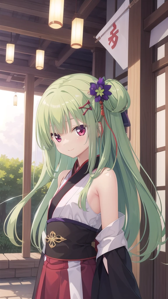 ((masterpiece)),(best quality),Official Art,Extremely detailed CG,Unity 8k Wallpaper,Super detailed,Beautiful and delicate eyes,Extremely detailed face,1 girl,solitary,,(whole body:1.5),(small:1.3),Smile,,Murasame,Very long hair,Green Hair,Face Up,Purple bow,hairpin,Side chains,Bangs,Red Eyes,Neck strap,Red belt,Elegant and beautiful，Cloud sleeve hanfu， Chinese style，Spring forest flowers are so beautiful，Spring birds are full of sorrow。Spring breeze is full of love，Blow my skirt open。